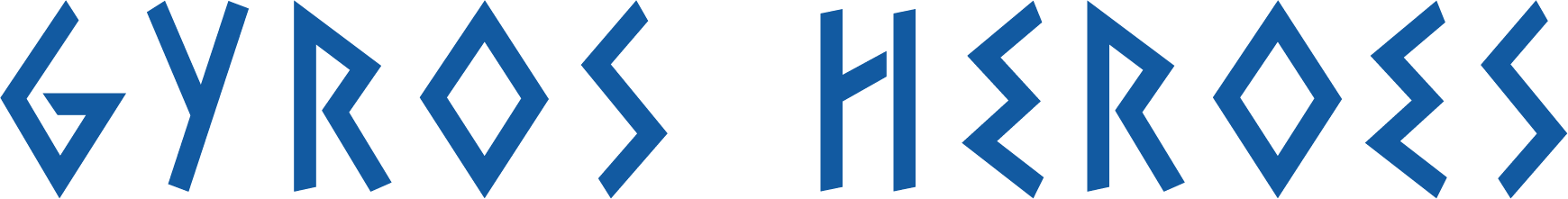 Logo med teksten 'Gyros Heros' i blåt med et sort baggrund.