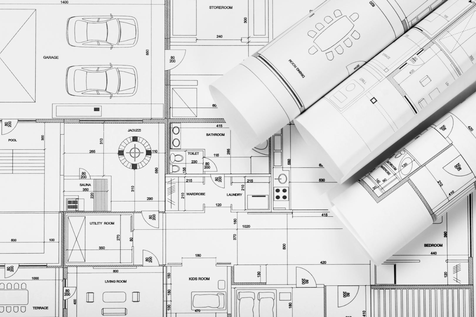 Black and white architectural blueprint of a house, showing various rooms such as garage, pool, sauna, utility room, living room, kids room, bathroom, and bedroom.