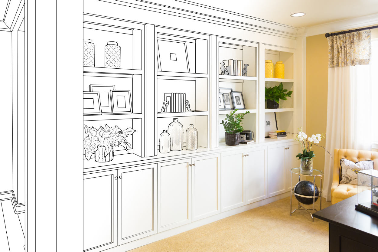 Side-by-side comparison of a drawn black and white outline of a built-in bookshelf and a real bookshelf filled with decor and books in a living room.