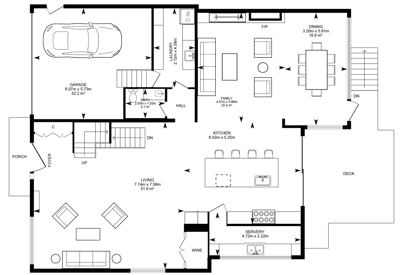 Floor plan of a house showing garage, porch, foyer, living room, kitchen, dining area, family room, laundry, bathroom, hall, wine cellar, servery, deck, and stairs.