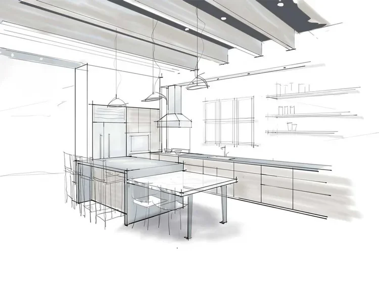Line drawing of a modern kitchen with cabinets, a central island, and hanging pendant lights.