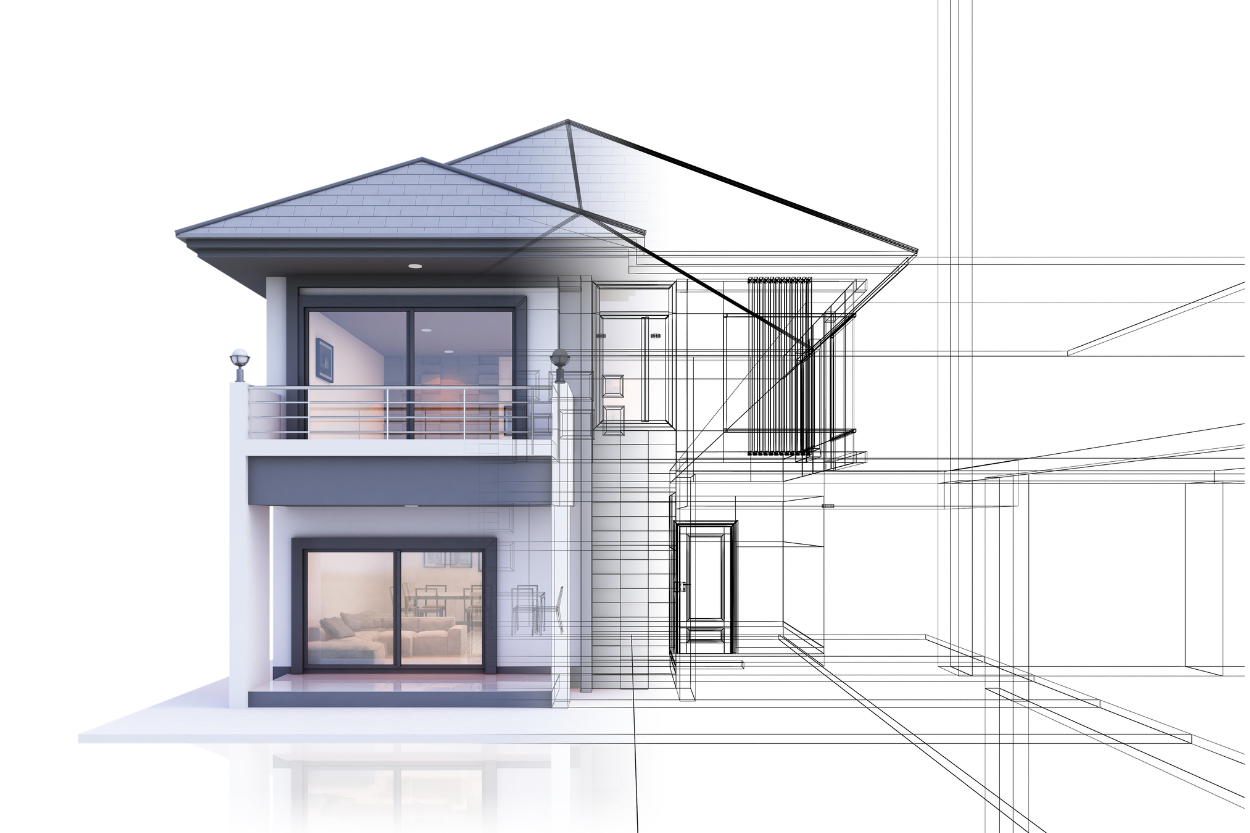 A digital rendering of a two-story modern house with a balcony, large windows, and a sloped roof, blending photo-realistic and wireframe architectural views.