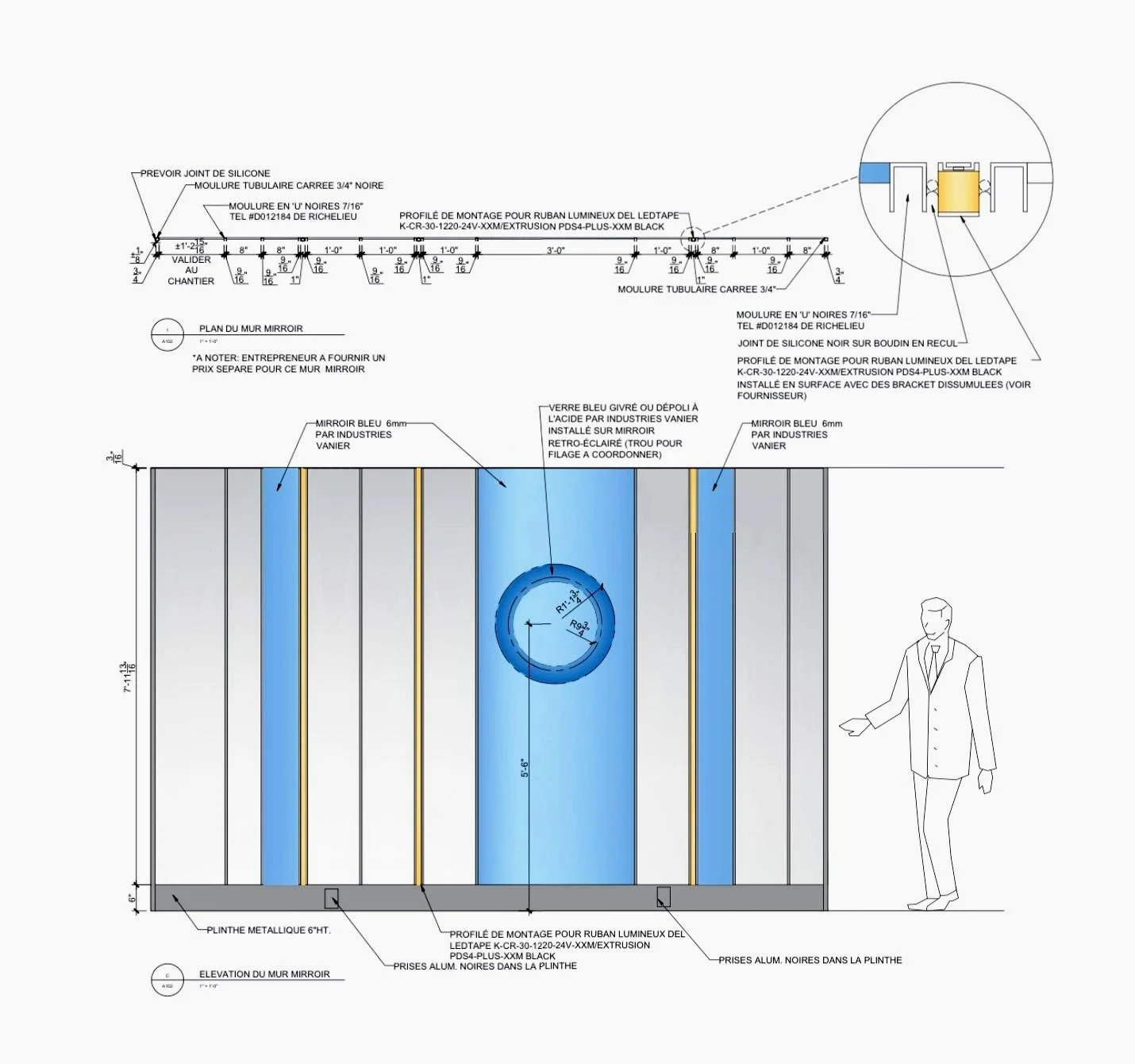Technical drawing of a mirror wall installation with measurements, materials, and assembly instructions, including blue-tinted mirror panels and lighting features.