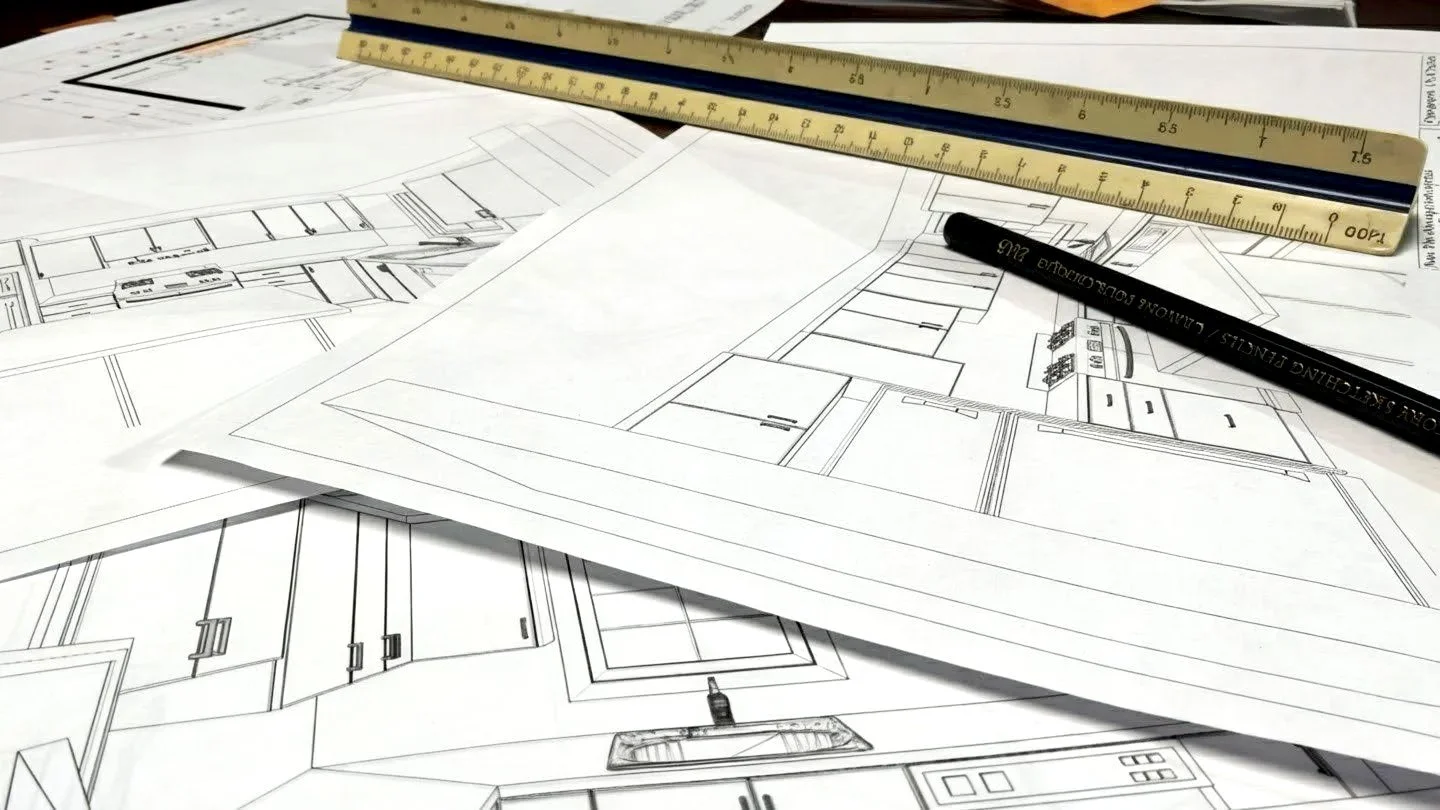 Architectural blueprints and sketches with rulers and a pen on a workspace