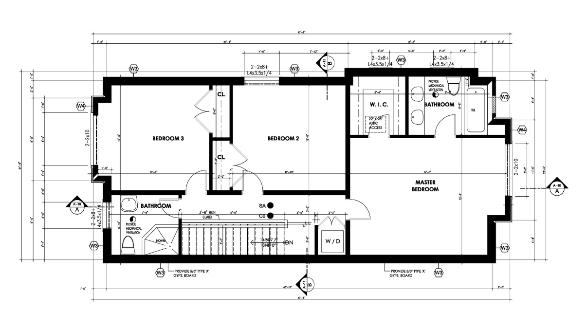 Architectural floor plan of a house showing three bedrooms, two bathrooms, a walk-in closet, and a laundry area, with detailed measurements and annotations.