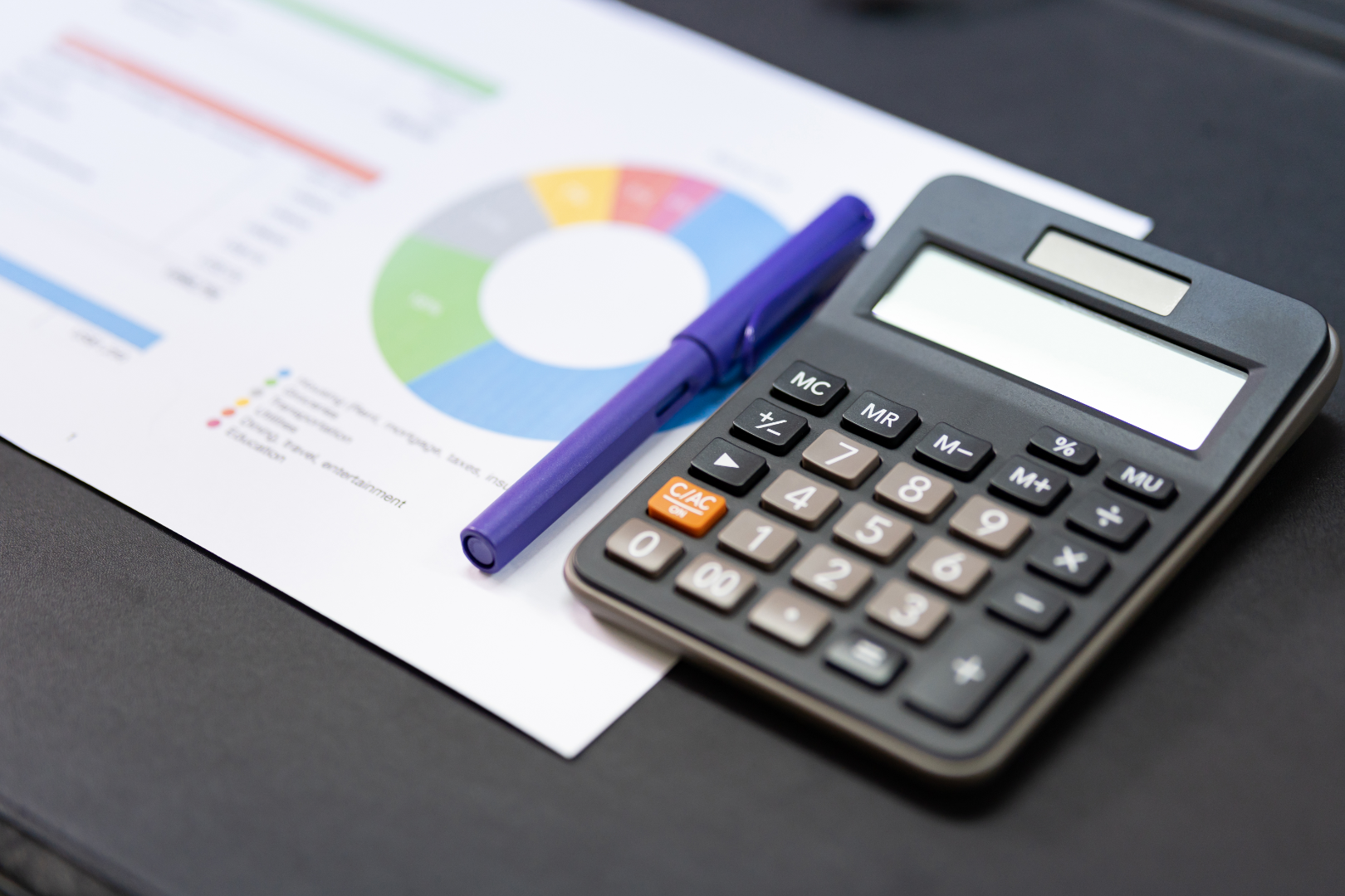 Calculator, blue marker, and financial report with colorful pie chart and bar graph on black surface.