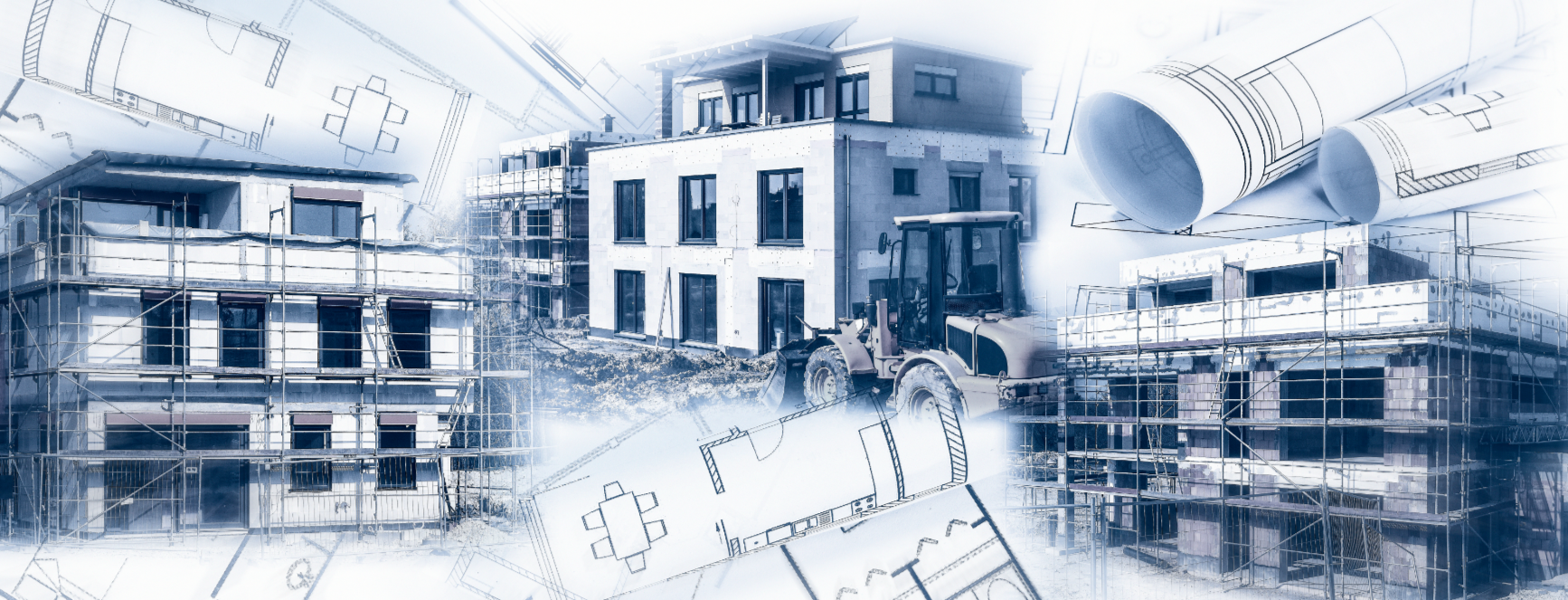 Construction site with buildings under construction, scaffolding, architectural blueprints, and a bulldozer.