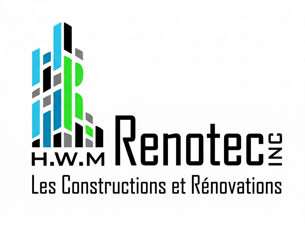 Logo for H.W.M Renotec Inc. featuring a stylized building with blue, black, green, and gray elements, and text in English and French: "H.W.M Renotec Inc. Les Constructions et Rénovations".
