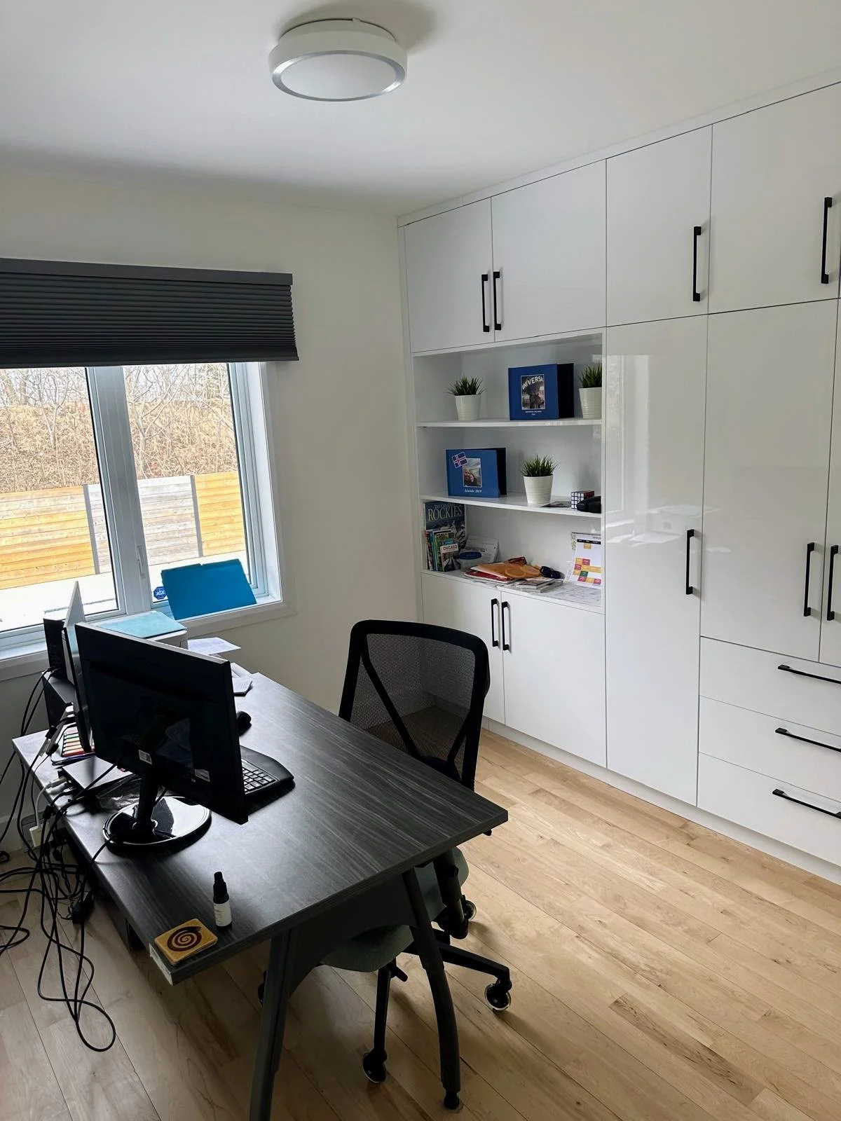 A modern home office with a black desk, two monitors, a swivel chair, and built-in white cabinets with open shelves and decorative plants.