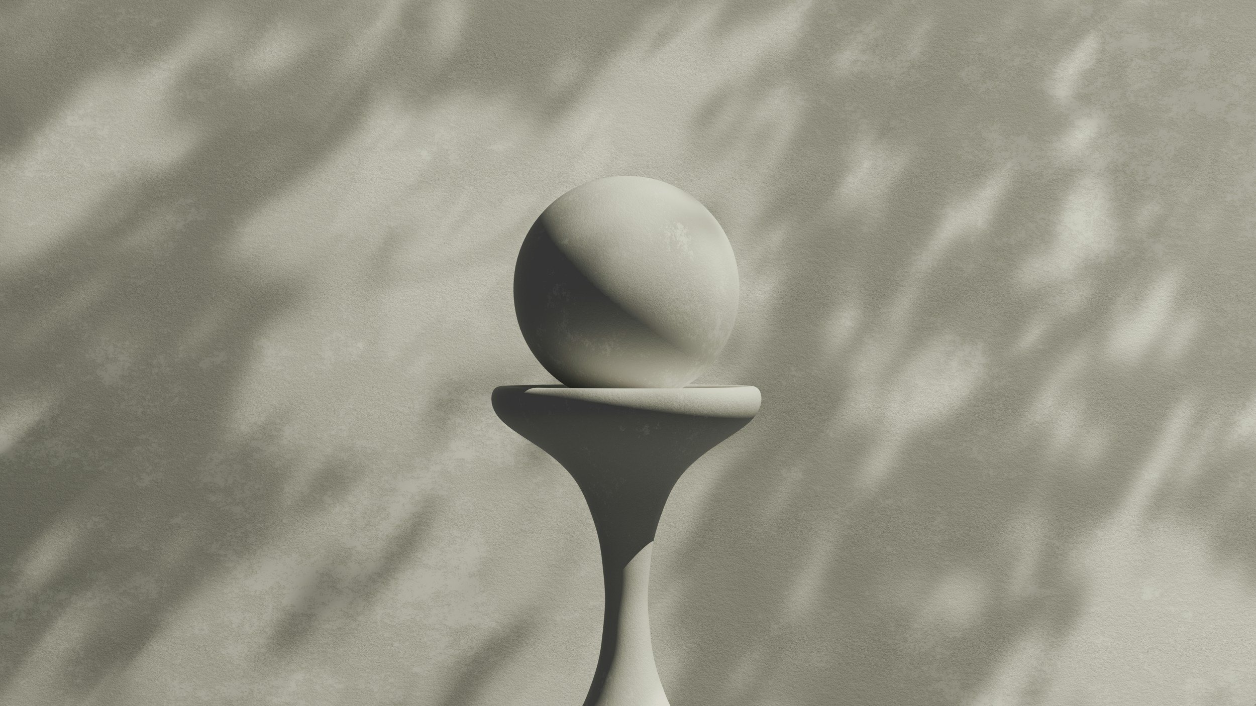 A monochrome sculpture of a sphere balanced on a curving pedestal, with shadows and light creating a textured background.