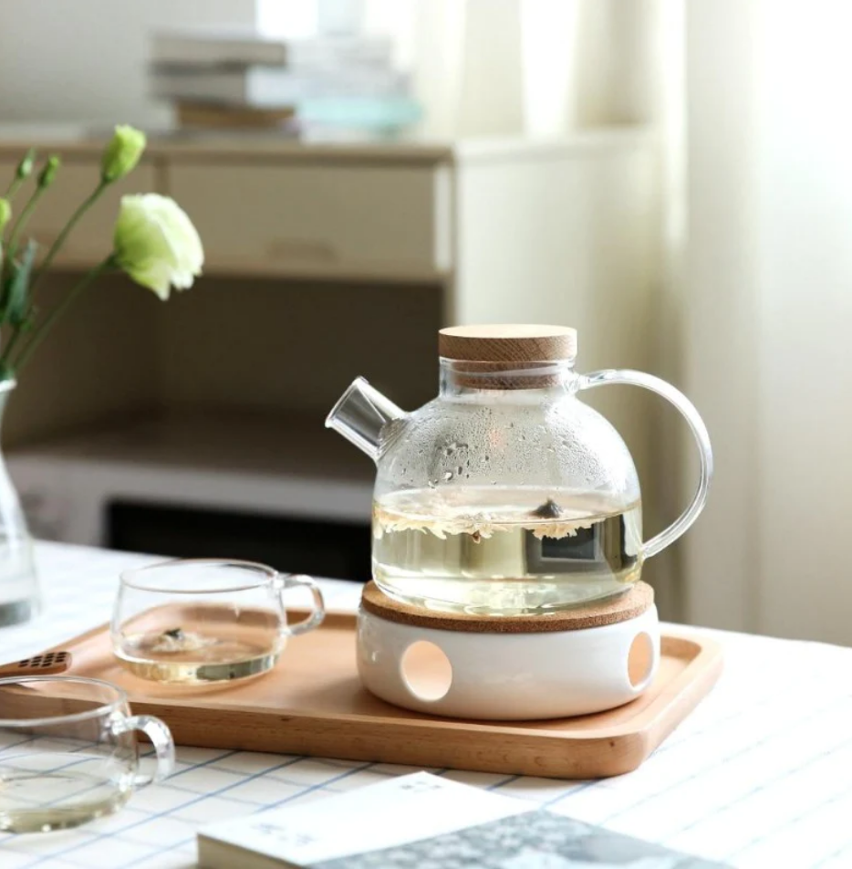 The Glass Teapot w/ Oak Lid & Ceramic Teapot Warmer