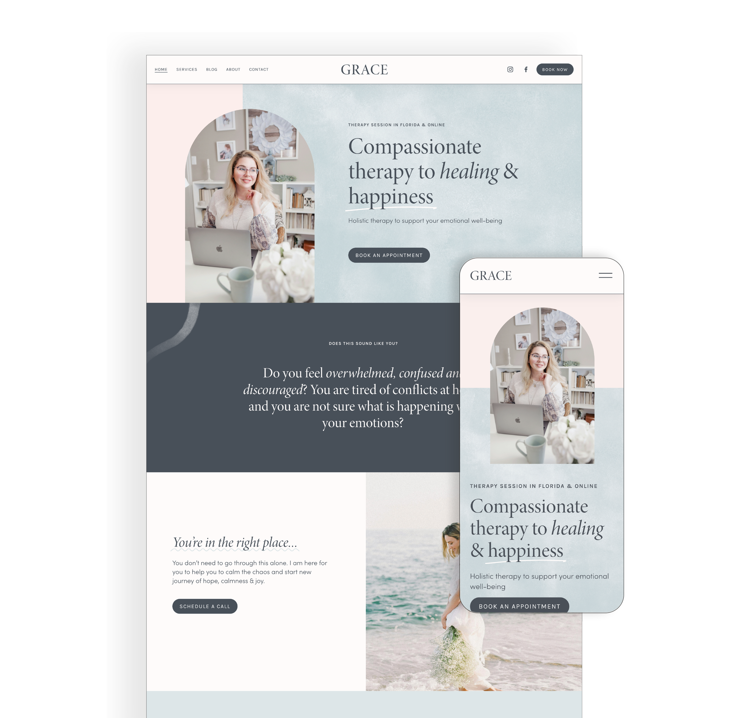 A responsive website displayed on a laptop and smartphone screens for a therapy service named Grace, offering online therapy sessions in Florida. The homepage features an image of a smiling woman with glasses sitting at a desk with a laptop, flowers, and pictures in the background, along with text promoting compassionate therapy for emotional well-being.