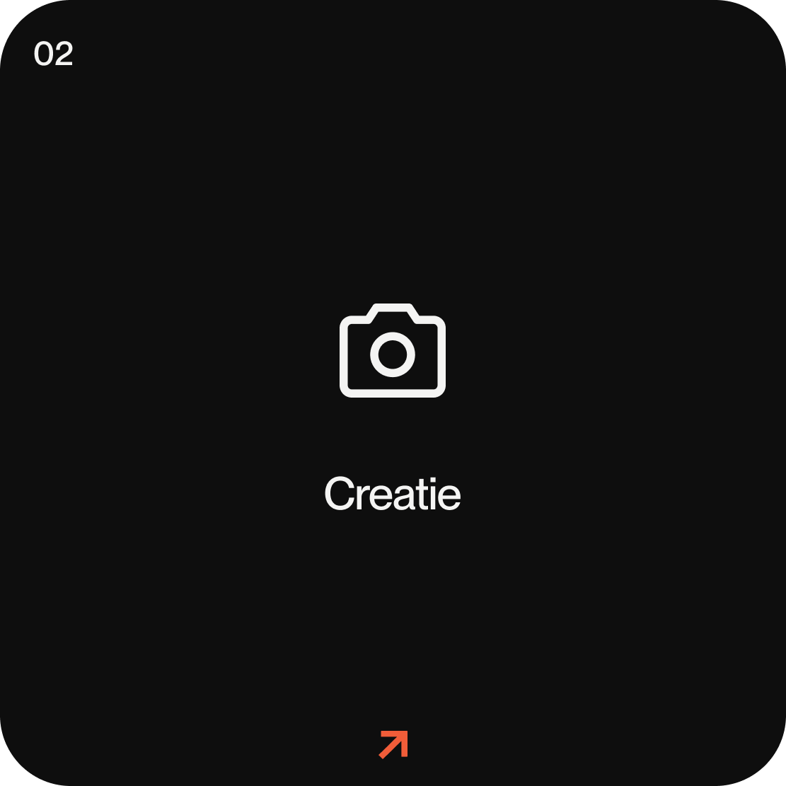 Scherm met de tekst 'Creatie' en een camera-icoon, opvallend op een zwarte achtergrond.