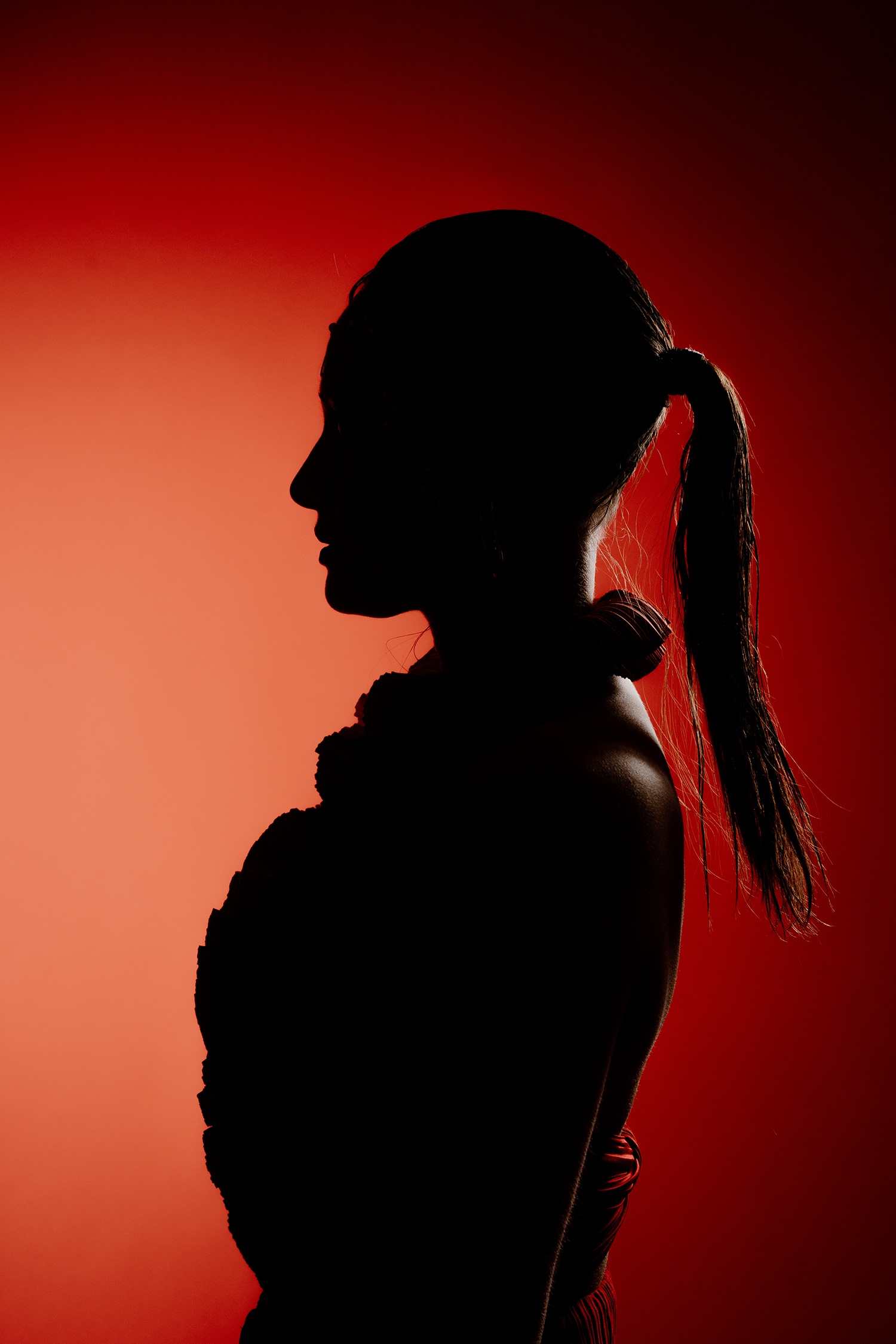 Silhouet van een vrouw met een paardenstaart tegen een rood-oranje achtergrond.