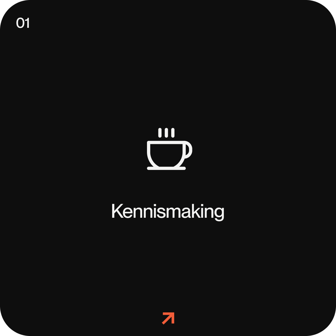 Een scherm met een koffie kop en de tekst 'Kennismaking' onderaan, met een zwarte achtergrond.