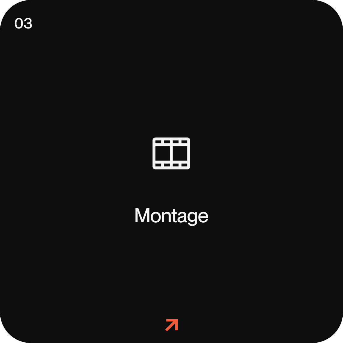 Scherm met een pictogram van een raster en de tekst 'Montage', met een zwarte achtergrond en een rood pijltje onderaan.