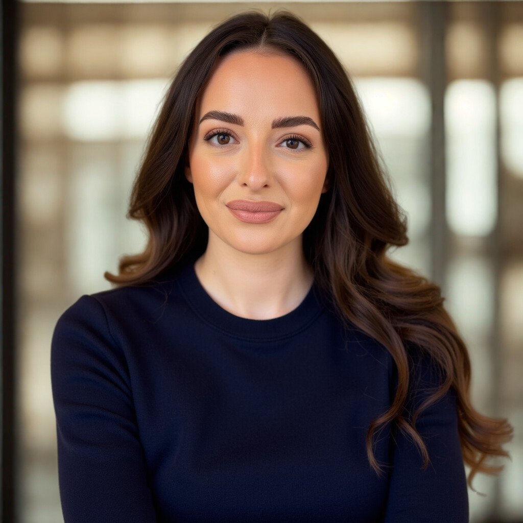 Eine junge Frau mit langen, braunen, lockigen Haaren und einem dunkelblauen Oberteil, die in einem hell erleuchteten Raum mit Fenster im Hintergrund blickt.