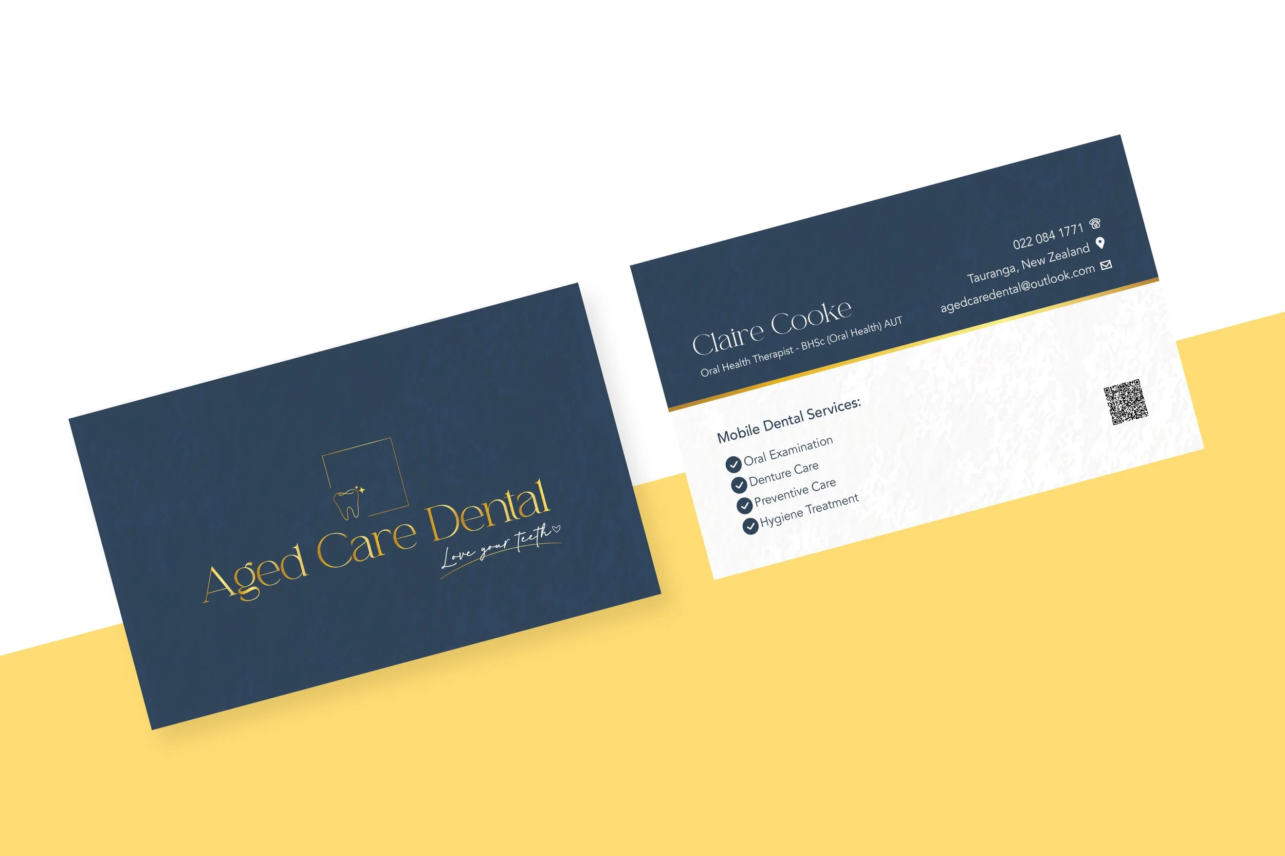 Business card for Claire Cooke, an oral health therapist at Aged Care Dental, with contact information, services offered including oral examination, denture care, preventive care, and hygiene treatment, and a QR code.