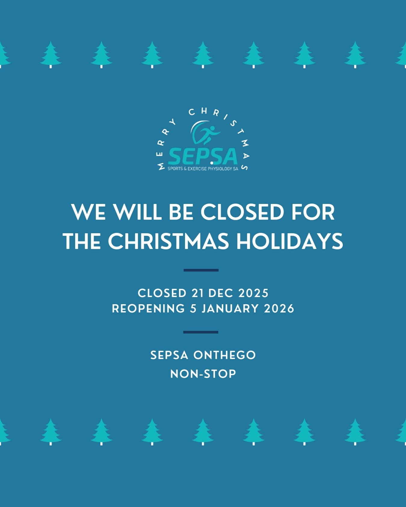 🎄 Happy Holiday Closure Dates 🎄

From the 21st of December our team at SEPSA are wishing you a safe and relaxing Christmas break.

We will be reopening on the 5th of January 2026 🙌🏼

For SEPSAOnTheGo, the fun never stops 😉

#exercisephysiology #