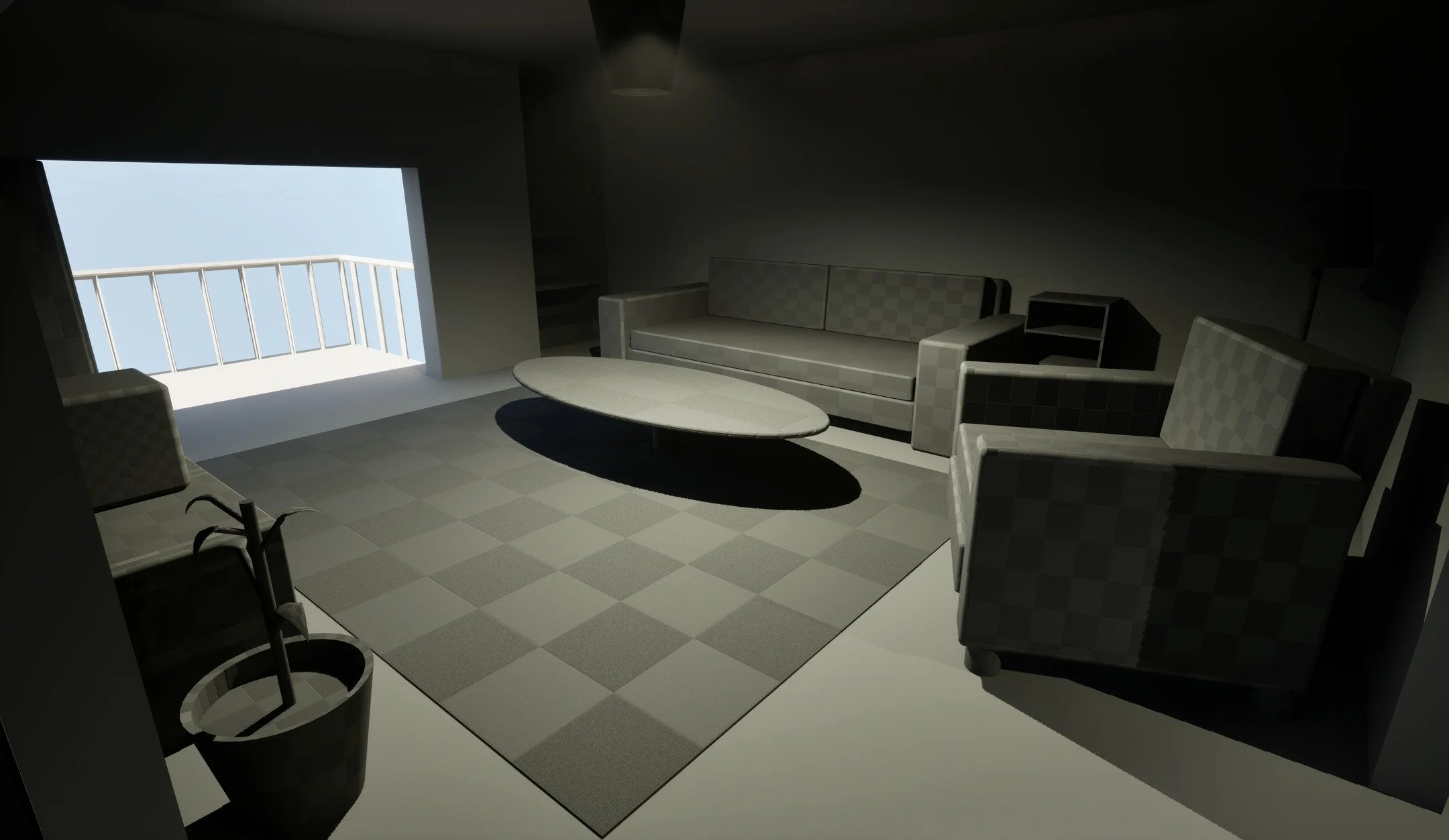 From week 2, I began blocking out the d&eacute;cor to imagine how it would look in the final result and the assets I need. I also needed to work out whether the rooms were the correct size and look I was going for. I also made the outside courtyard s