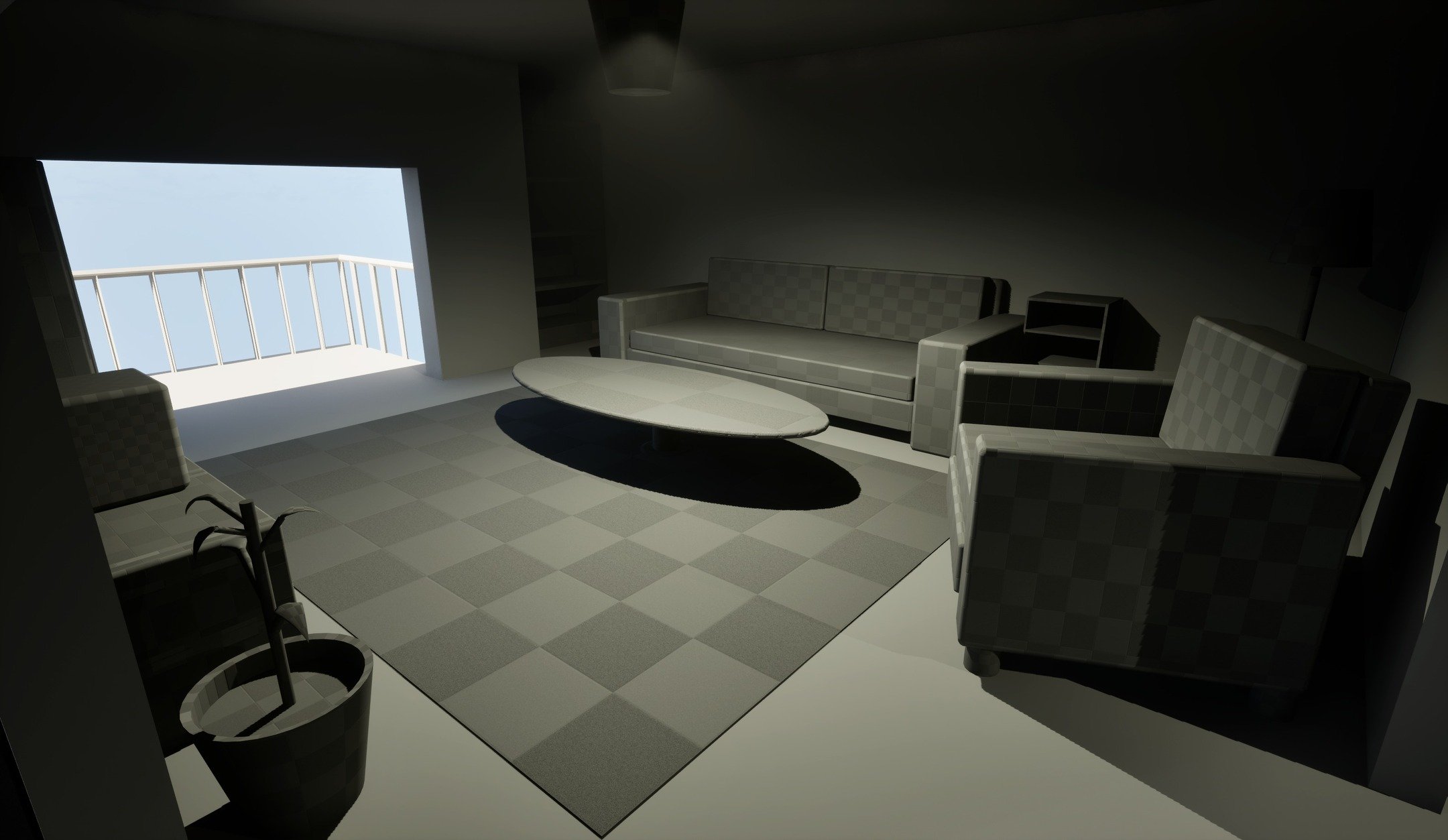 From week 2, I began blocking out the d&eacute;cor to imagine how it would look in the final result and the assets I need. I also needed to work out whether the rooms were the correct size and look I was going for. I also made the outside courtyard s