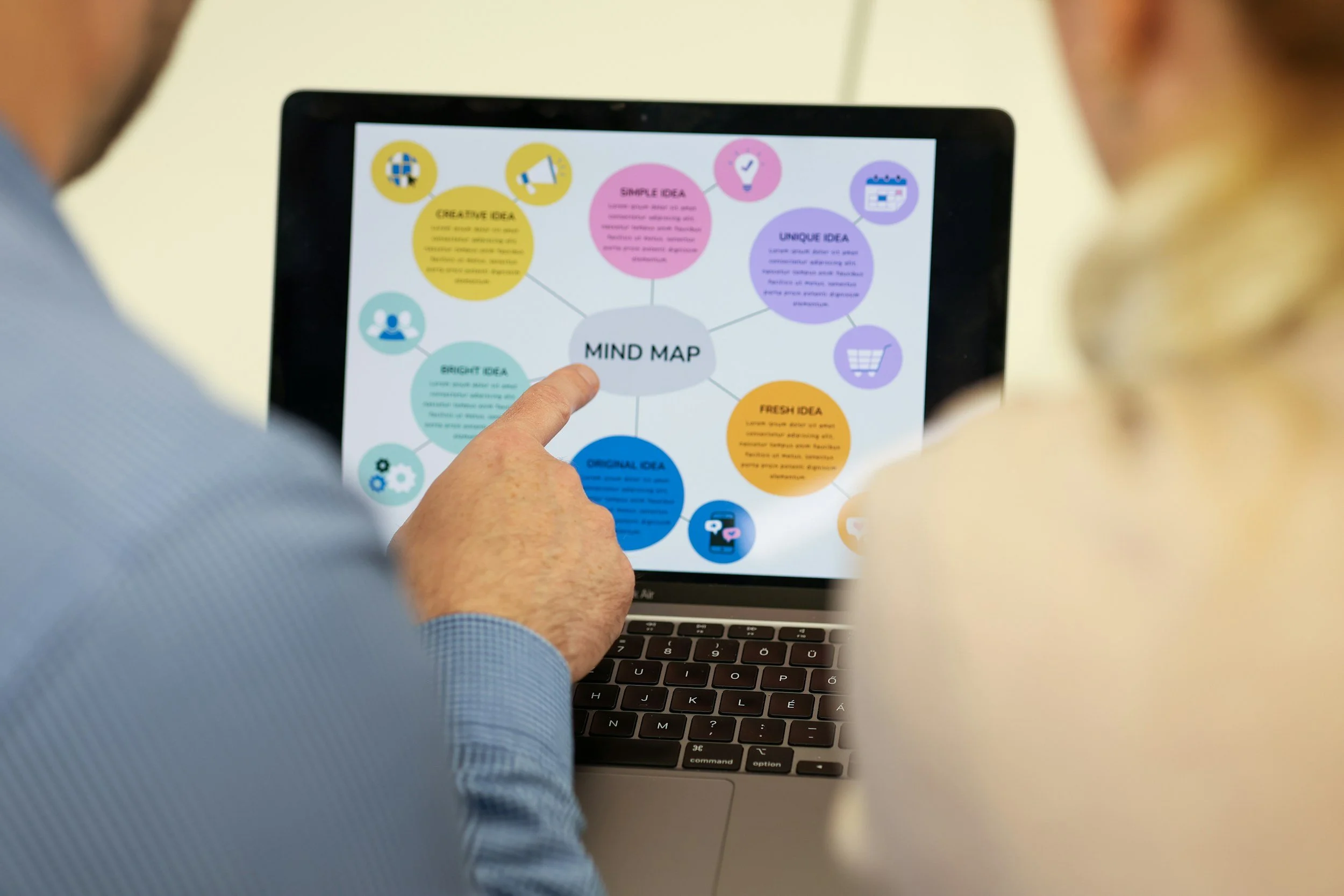 Two people reviewing a digital mind map on a laptop screen, with colorful circles and icons representing ideas, including creative, simple, unique, fresh, original, and budget ideas.