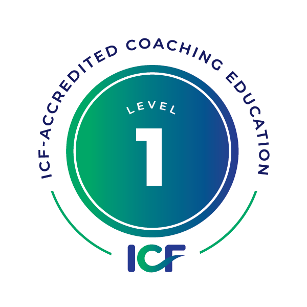 Circular badge with text indicating ICF credentialing, featuring green and blue gradient colors, with 'Level 1' in the center and 'ICF-Acredited Coaching Education' along the top edge.
