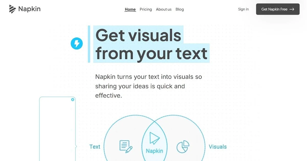 Screenshot of Napkin website homepage showing the tagline "Get visuals from your text" with navigation links, a sign-in button, and a diagram illustrating the conversion of text into visuals using Napkin.