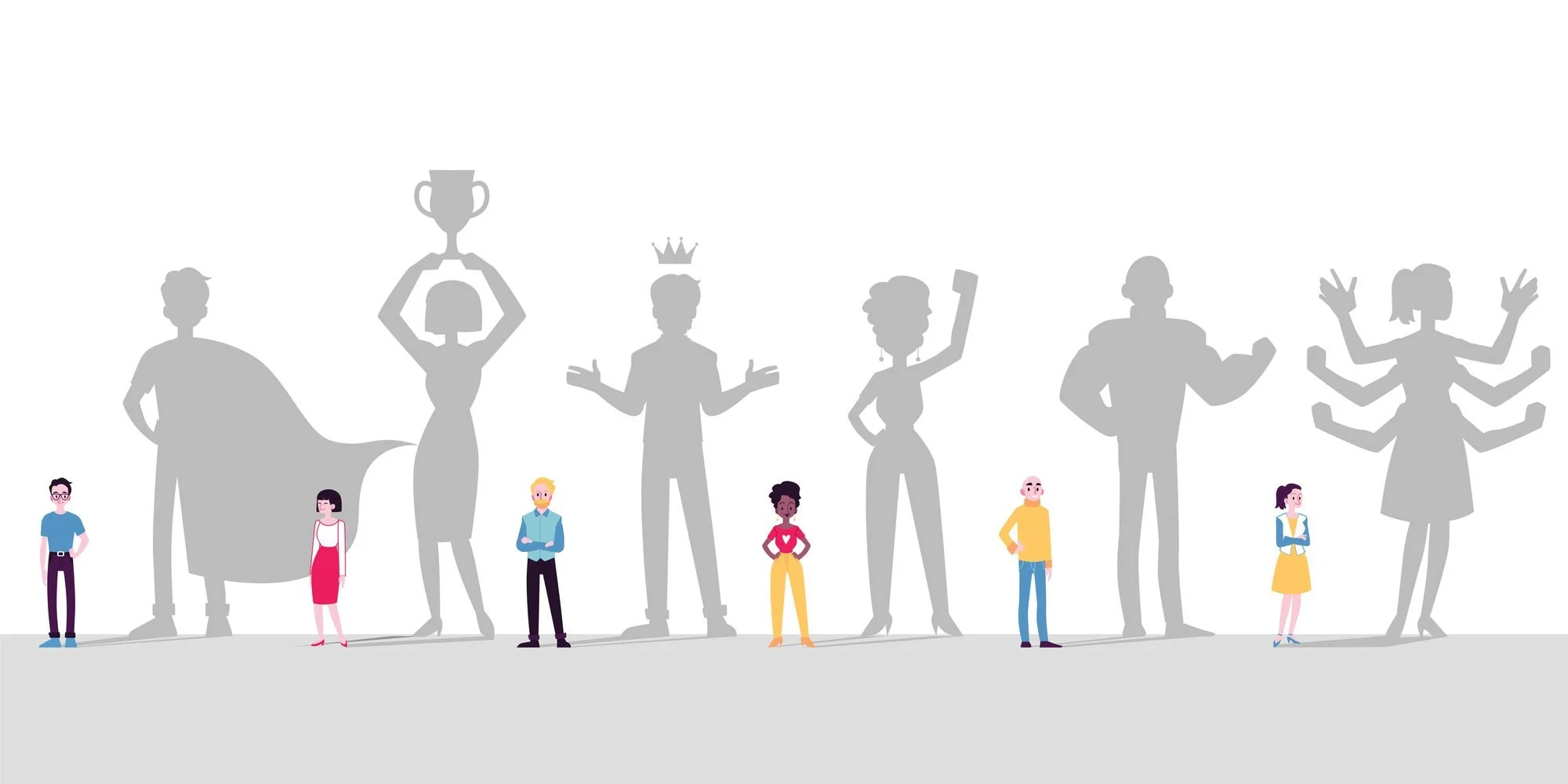 An illustration of various people standing in front of a wall of large, grey silhouettes of figures representing different roles or achievements, such as a superhero, a person holding a trophy, a person wearing a crown, and others showing different poses.