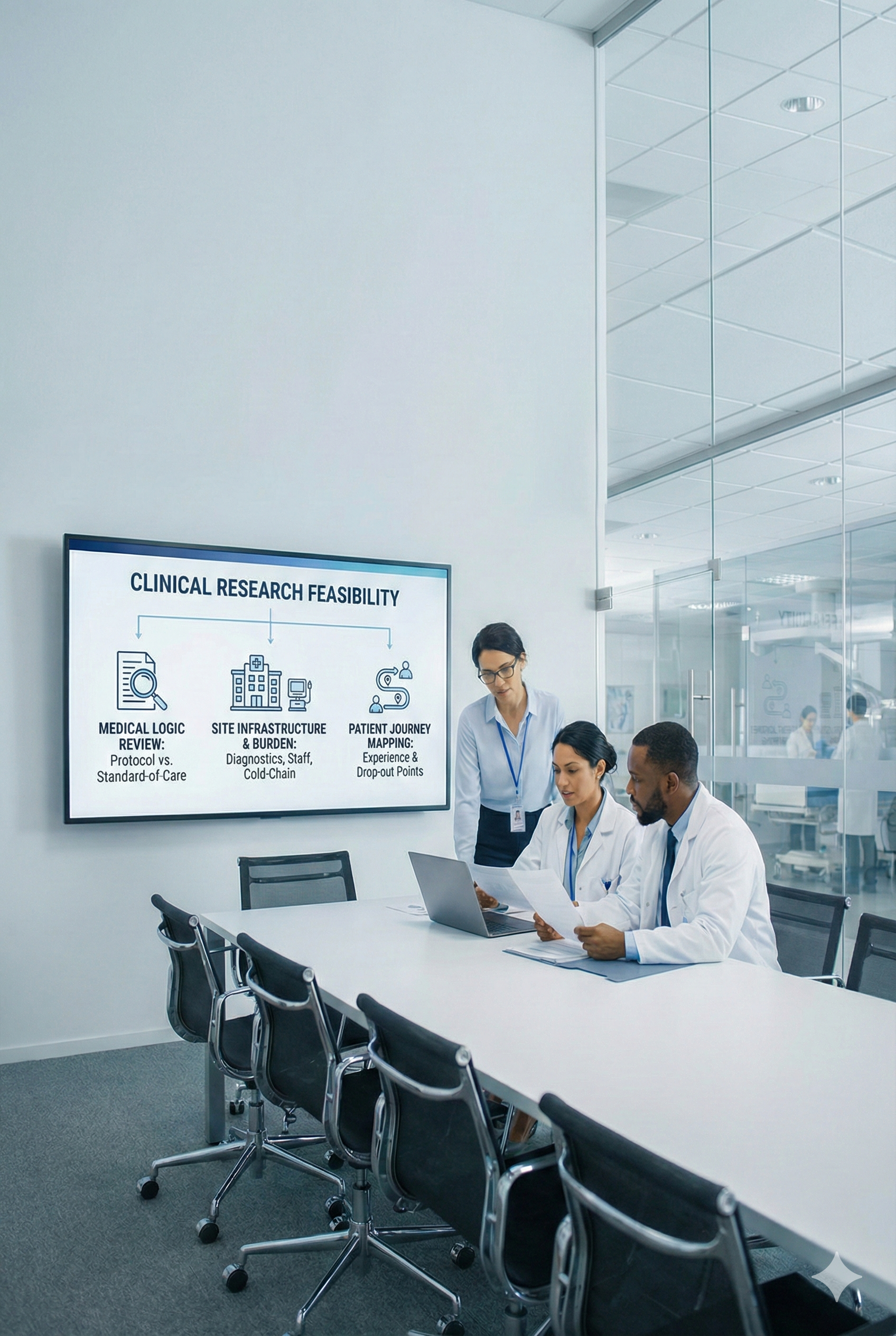 Three medical professionals in a conference room reviewing documents and a laptop, with a large screen displaying 'Clinical Research Feasibility' and related points.