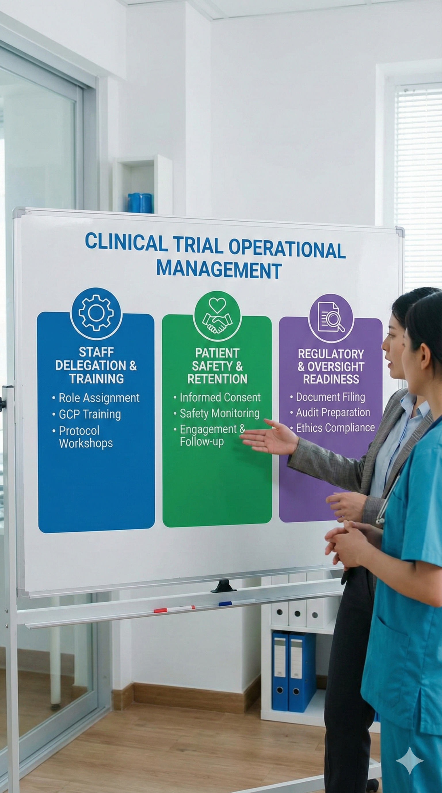 A whiteboard with a presentation titled 'Clinical Trial Operational Management' divided into three sections: staff delegation and training, patient safety and retention, and regulatory and oversight readiness. Two women, one in a gray blazer and the other in a blue medical scrub, are discussing the content.