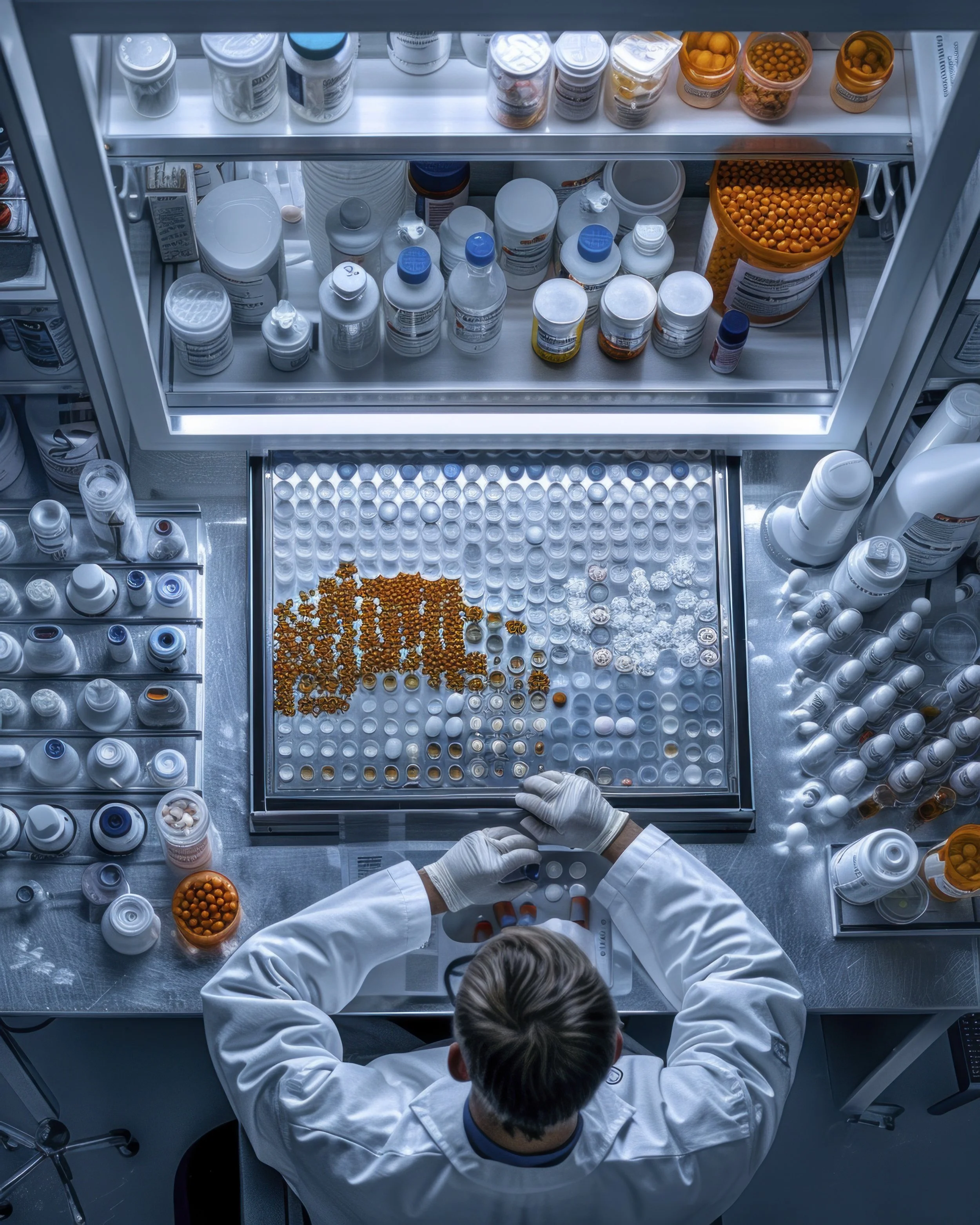 A scientist in a white lab coat working at a laboratory bench with various pills and medication bottles, some open and some labeled, surrounded by bottles and capsules. The scientist is using a digital device, with a focus on pharmaceutical research or drug production.