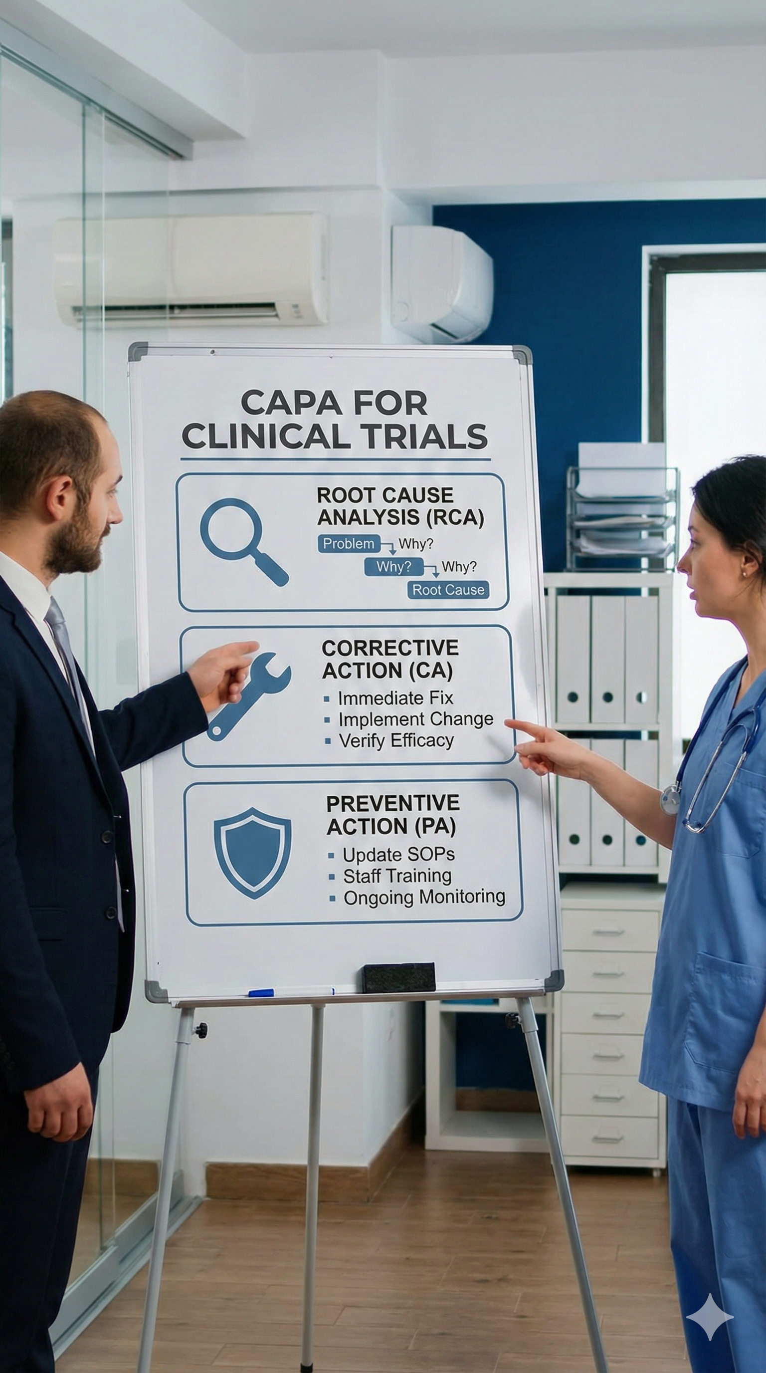 Medical professionals discussing a whiteboard with information about CAPA for clinical trials.