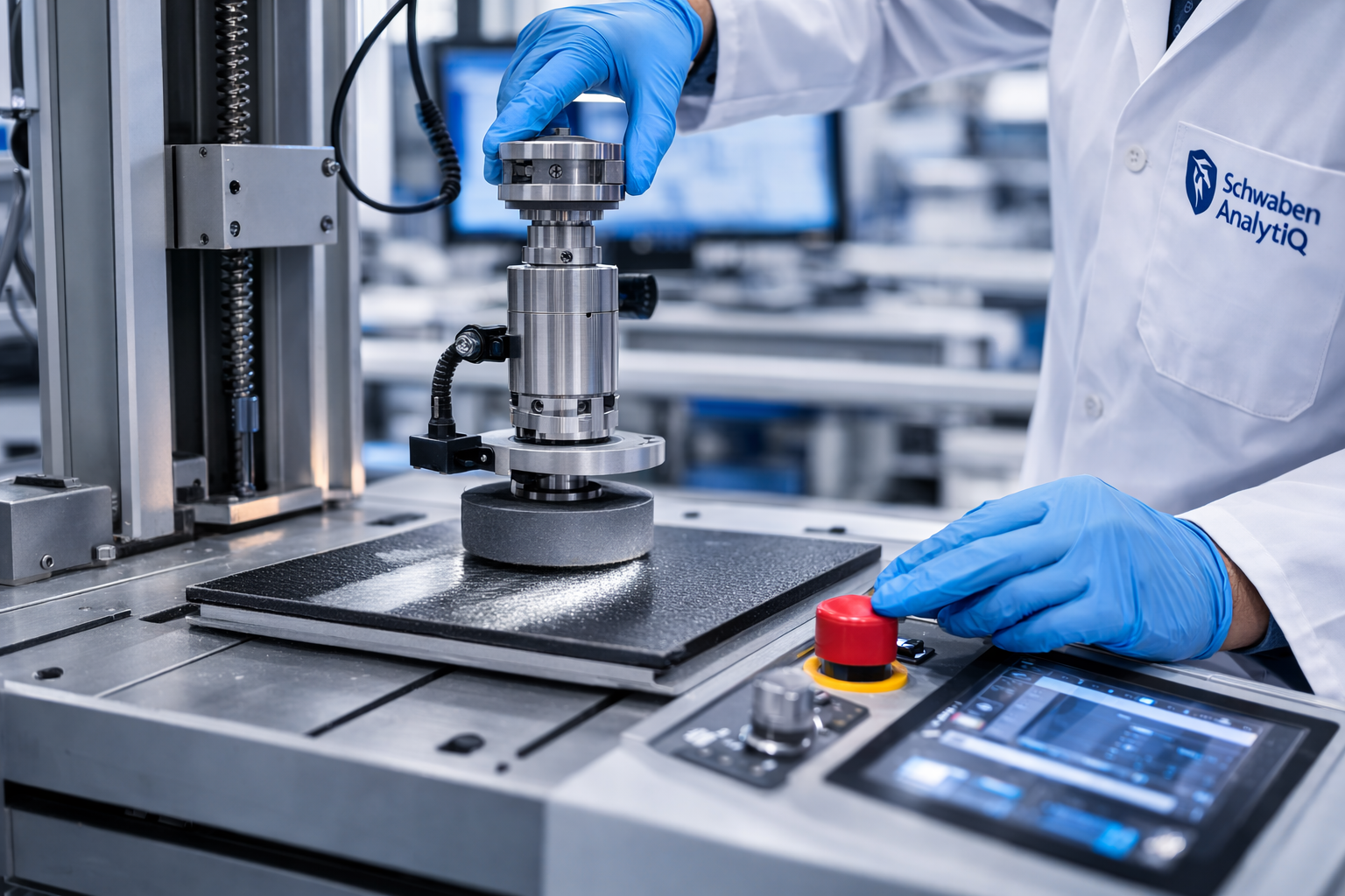 Wissenschaftler in Laborkleidung überprüft eine Maschine mit blauen Handschuhen in einem High-Tech-Labor.