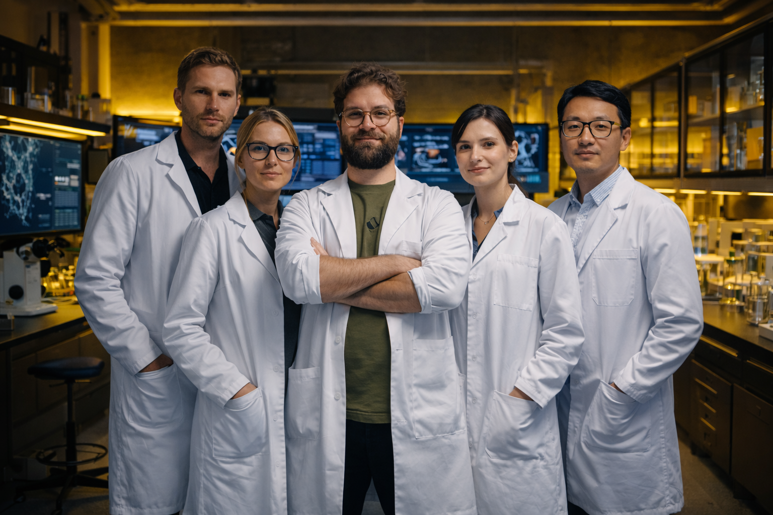 Fünf Wissenschaftler stehen in einem Labor, alle tragen weiße Laborkittel und schauen in die Kamera.
