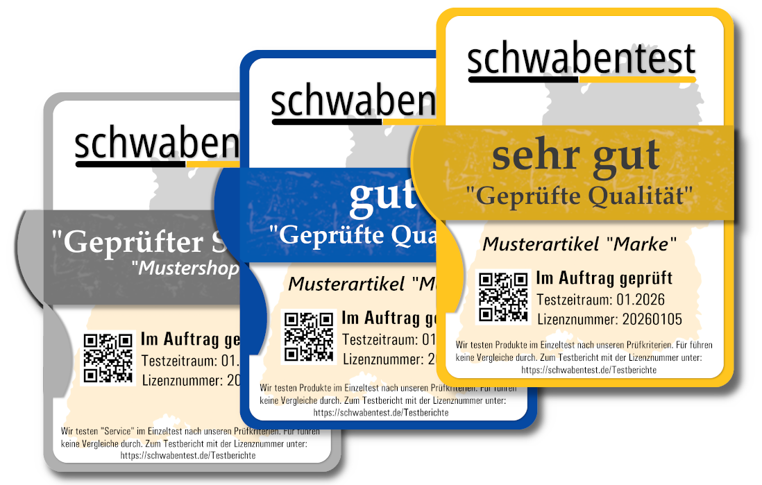 Drei Qualitätssiegel mit verschieden Farben (grau, blau, gelb), die jeweils 'sehr gut' oder 'gut' bewerten, mit QR-Code und Produktinformationen.