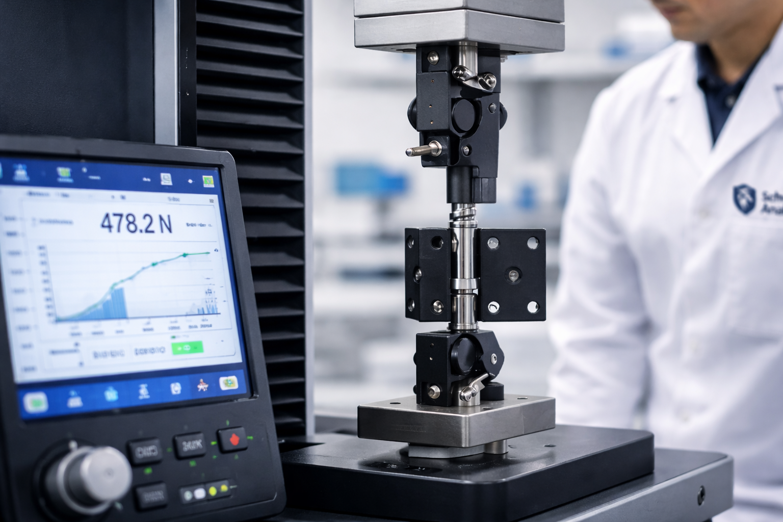 Laborantin führt einen Zugtest durch, zeigt die Kraftmessung auf einem Bildschirm mit 478,2 Newton in einem Labor.