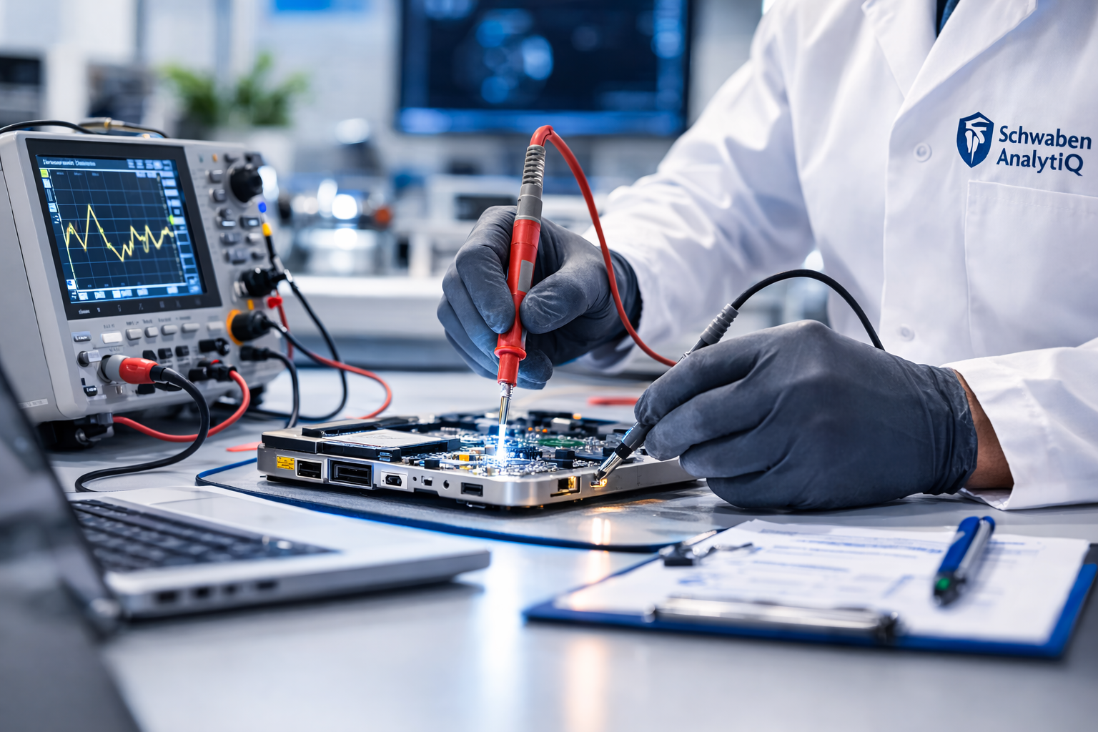 Ein Wissenschaftler arbeitet an einer Leiterplatte, während er mit einem Multimeter und einem Oszilloskop elektrische Messungen durchführt, in einem Labor mit moderner Ausstattung.