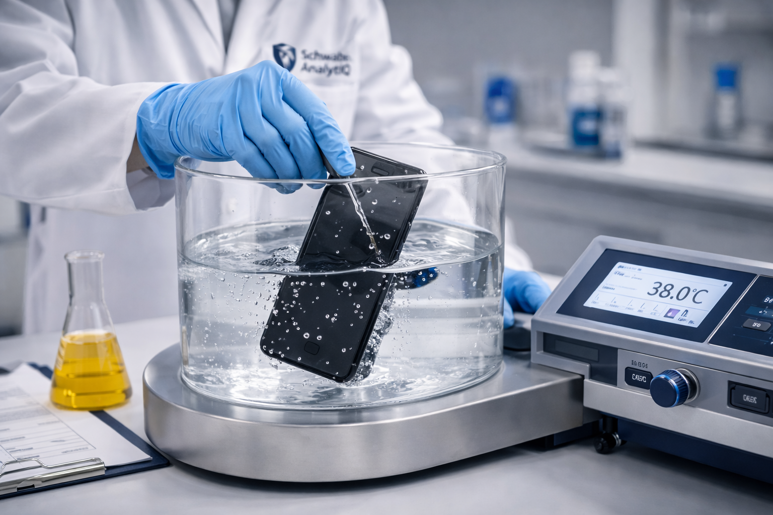 Ein Wissenschaftler im Labor testet ein Smartphone in Wasser, während das Wasserbad auf 38 Grad Celsius eingestellt ist.