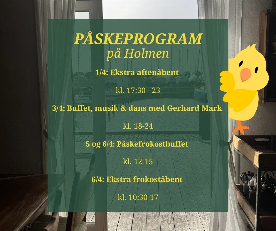 𝗣𝗔̊𝗦𝗞𝗘𝗣𝗥𝗢𝗚𝗥𝗔𝗠 𝗣𝗔̊ 𝗛𝗢𝗟𝗠𝗘𝗡!
P&aring;sken p&aring; Holmen byder p&aring; b&aring;de hygge, god mad og lidt ekstra stemning 🐣
Vi gl&aelig;der os til at se jer ved fjorden!

#holmencaferestaurant #p&aring;ske #mors #nyk&oslash;bingmor