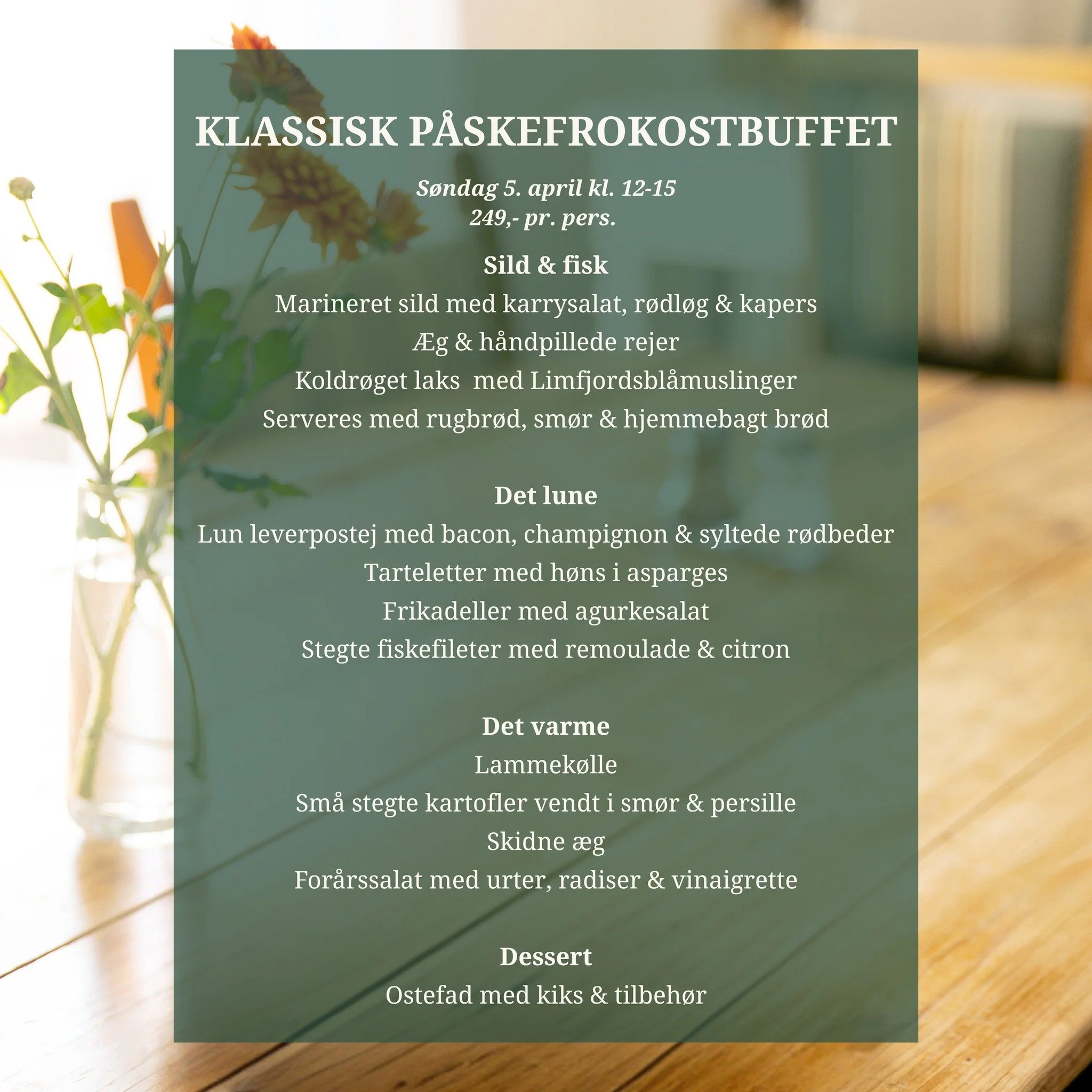 𝐏&Aring;𝐒𝐊𝐄𝐅𝐑𝐎𝐊𝐎𝐒𝐓 𝐕𝐄𝐃 𝐅𝐉𝐎𝐑𝐃𝐄𝐍 🐣

1.p&aring;skedag fejrer vi med klassisk p&aring;skebuffet p&aring; Holmen.

S&oslash;ndag d. 5. april &middot; kl. 12&ndash;15 &middot; 249 kr. pr. person

Med Limfjordsbl&aring;muslinger p&arin