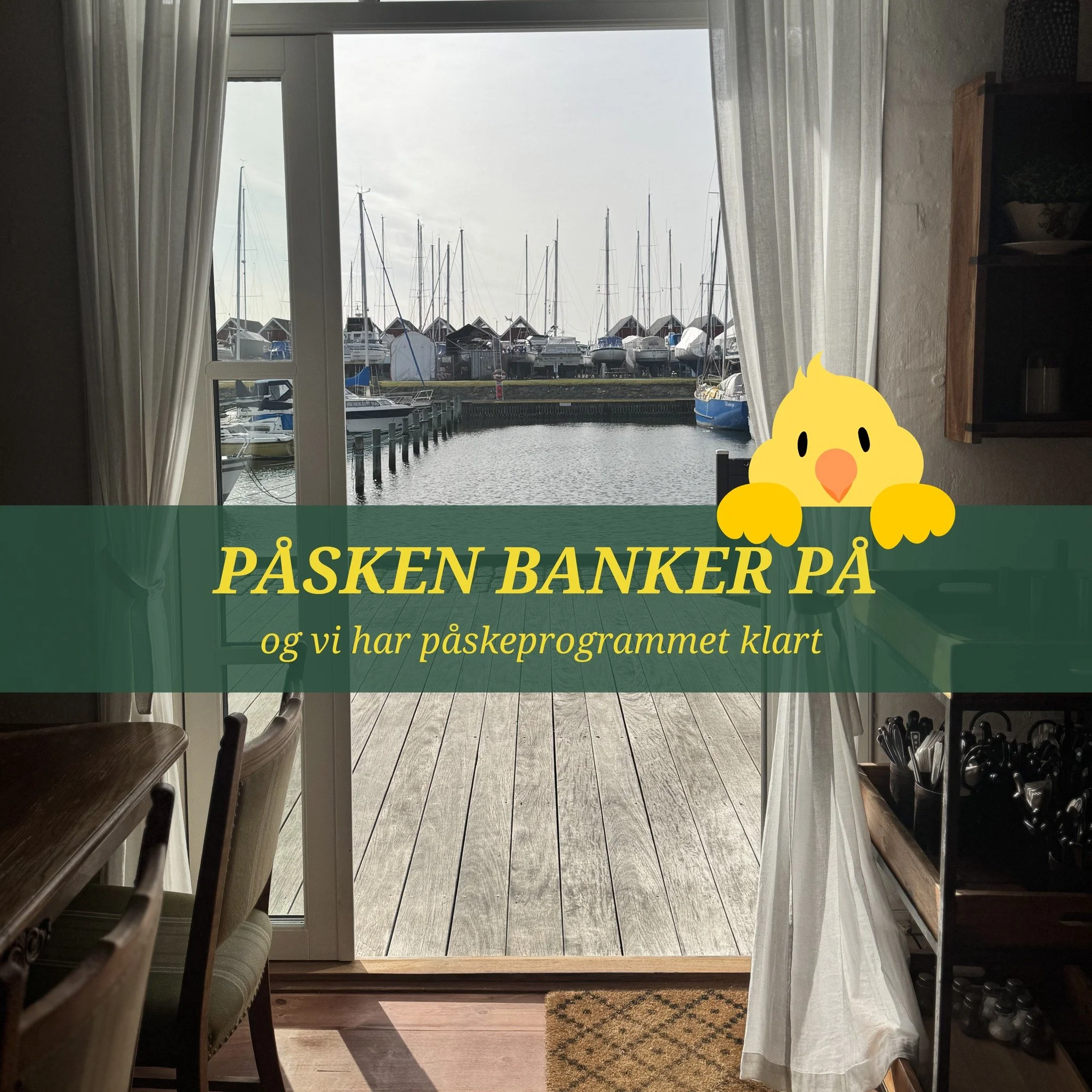 𝐏&Aring;𝐒𝐊𝐄𝐍 𝐄𝐑 𝐏&Aring; 𝐕𝐄𝐉 &ndash; 𝐎𝐆 𝐇𝐎𝐋𝐌𝐄𝐍 𝐄𝐑 𝐊𝐋𝐀𝐑 🐣

Dage med god mad, musik og n&aelig;rv&aelig;r ved fjorden. Vi gl&aelig;der os til at se jer!

1.april &middot; ByNight &ndash; ekstra &aring;bent kl. 17.30&ndash;23.0