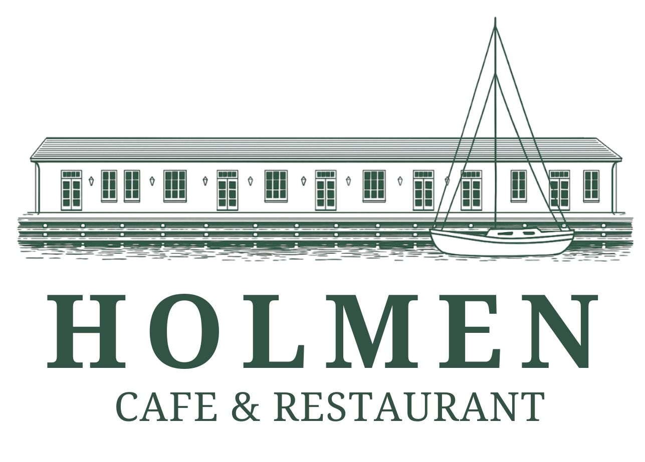 Illustration of a long houseboat with multiple windows and a small boat docked alongside. Below, the text reads 'HOLMEN CAFE & RESTAURANT'.