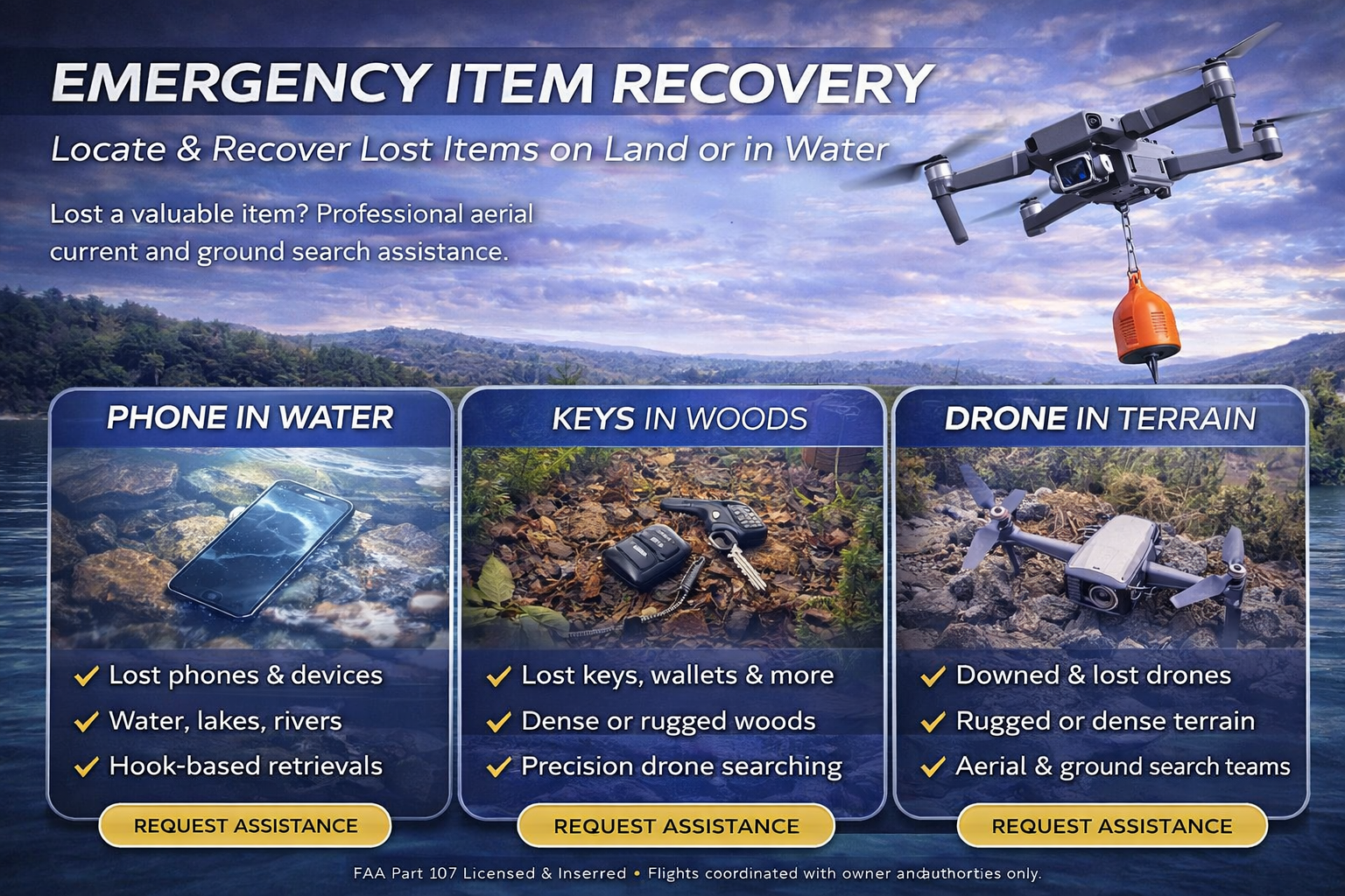 Emergency lost item recovery drone service in Corinth and Denton County — locate lost items and assist search efforts in DFW