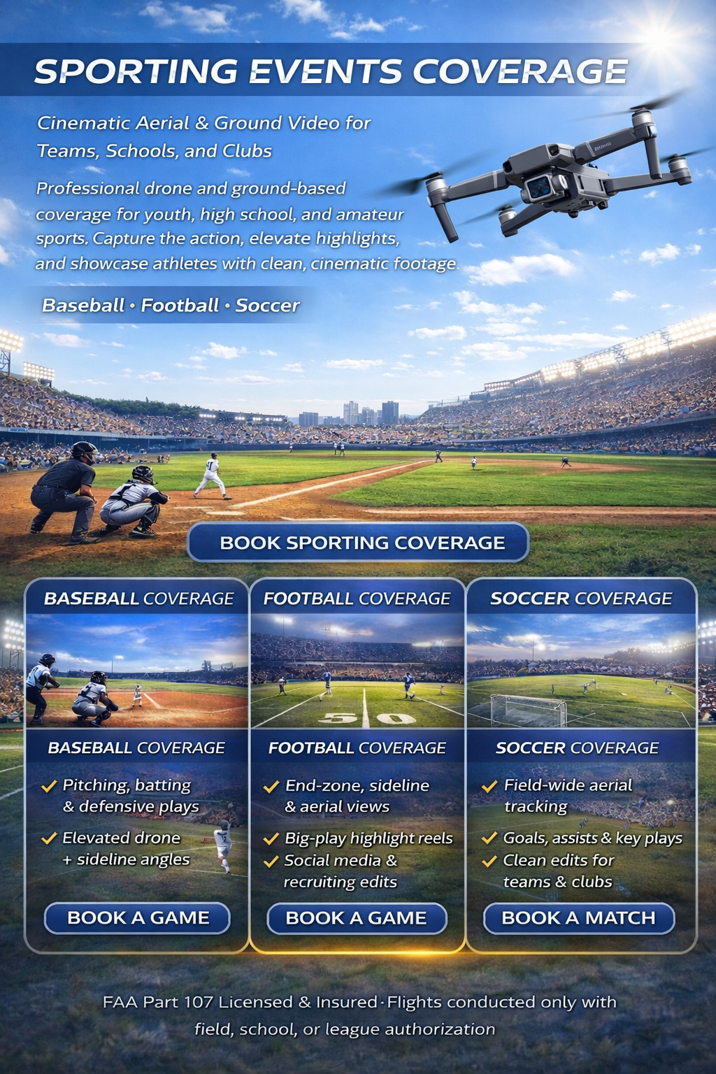 Sports drone videography in Denton County — baseball, footbal, softball,l and soccer highlight coverage in Corinth and DFW