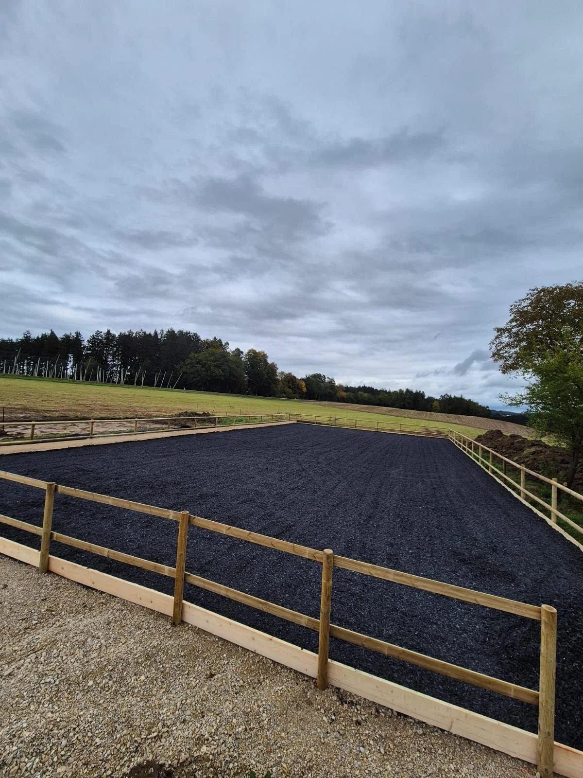 Ein leerer, abgegrenzter Bereich mit dunklem Boden, umgeben von Holzstämmen, vor einem Feld und Bäumen unter einem bewölkten Himmel.