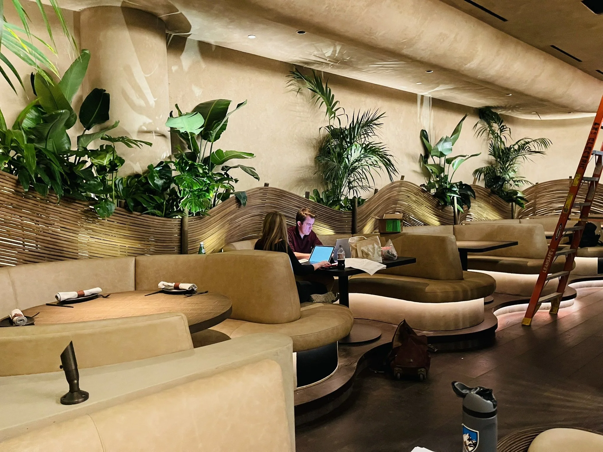 Interior of a restaurant or lounge with beige curved seating and green wall plants, showcasing active installation of built-in seating, furniture placement, and modern interior build-out for a polished hospitality space.
