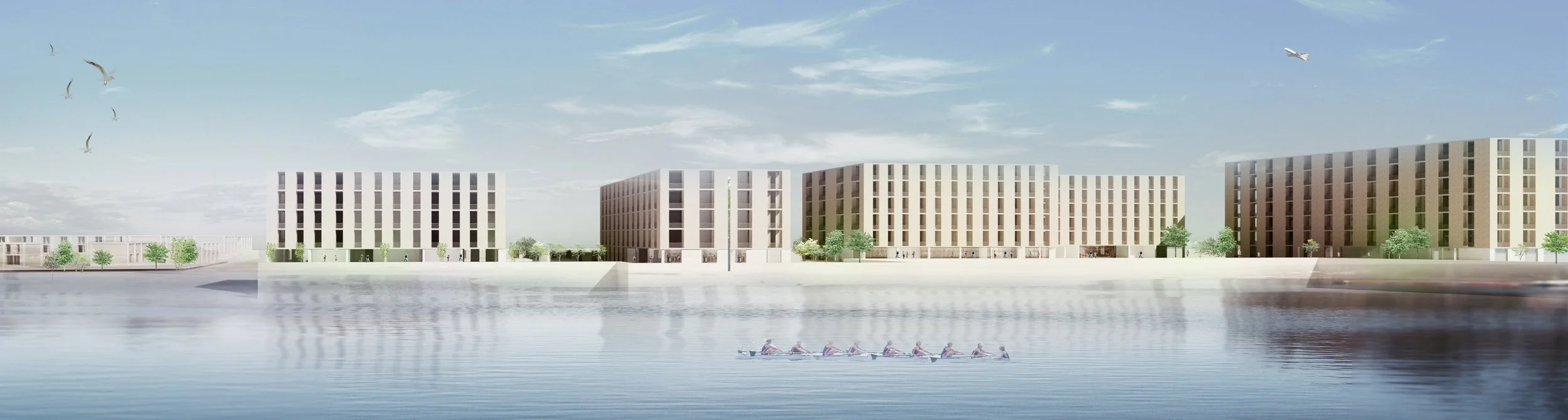 A digital rendering of a cityscape with modern residential buildings beside a body of water. There are trees along the waterfront, a rowing team on the water, and planes flying overhead.