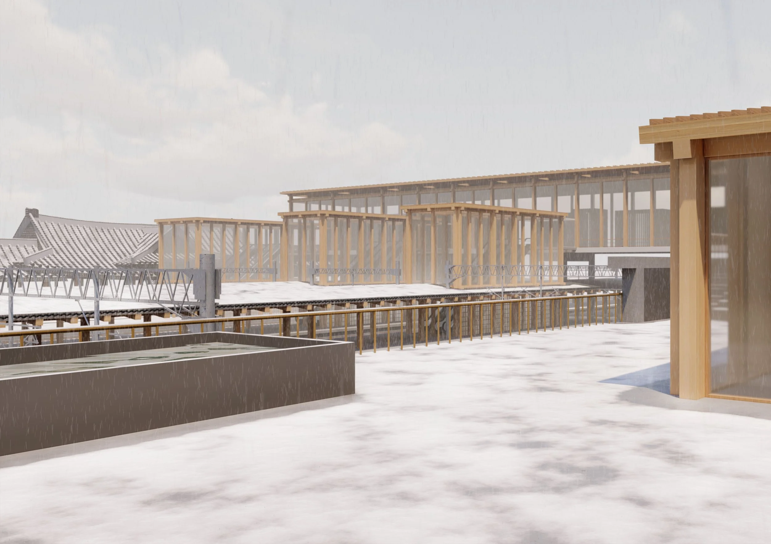 A snowy rooftop with wooden framework and glass windows under an overcast sky, featuring multiple levels and railings.