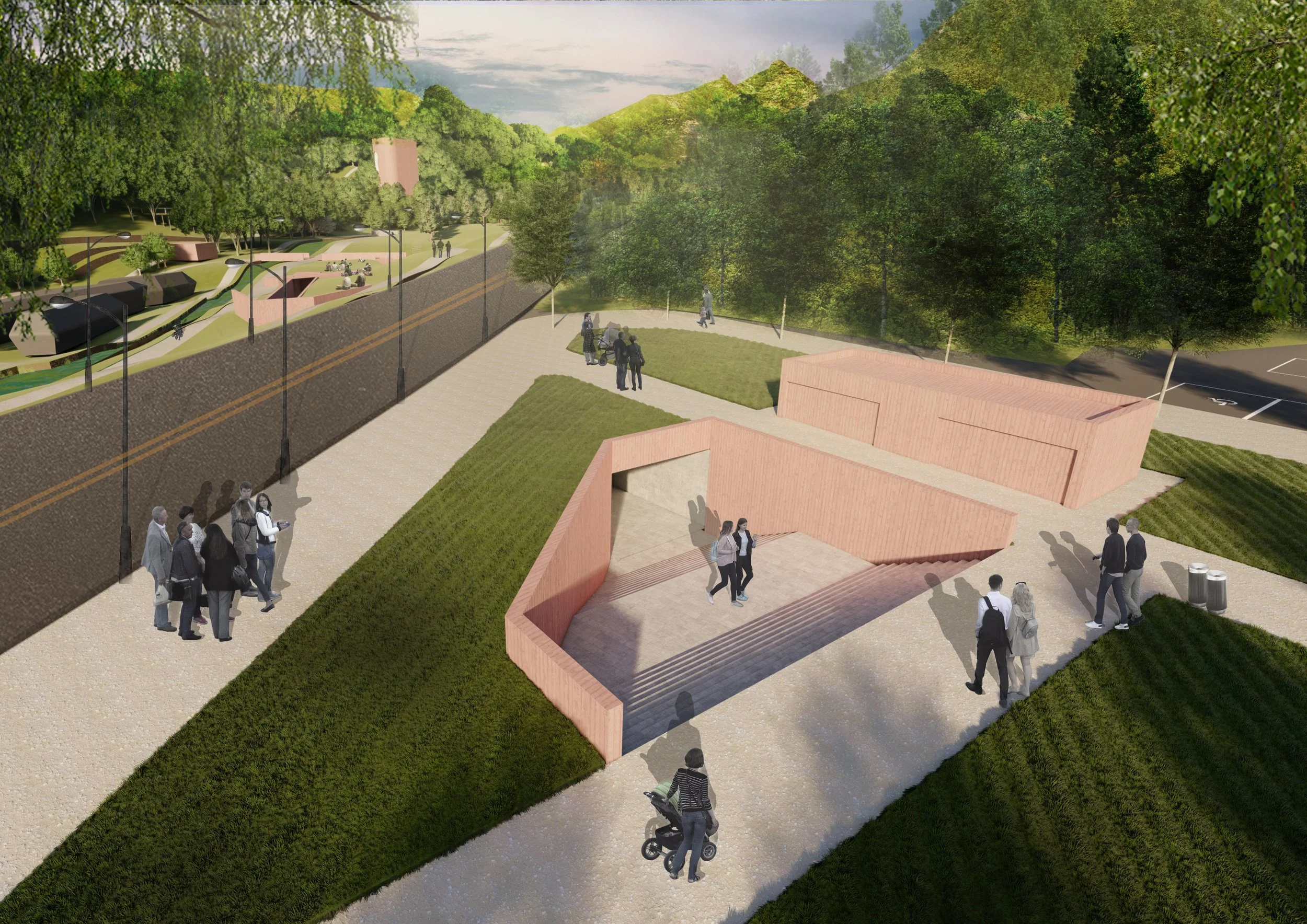 A digital rendering of a public park with pathways, green spaces, and modern architectural structures, including a curved pink brick wall and a small plaza with people walking, sitting, and socializing.